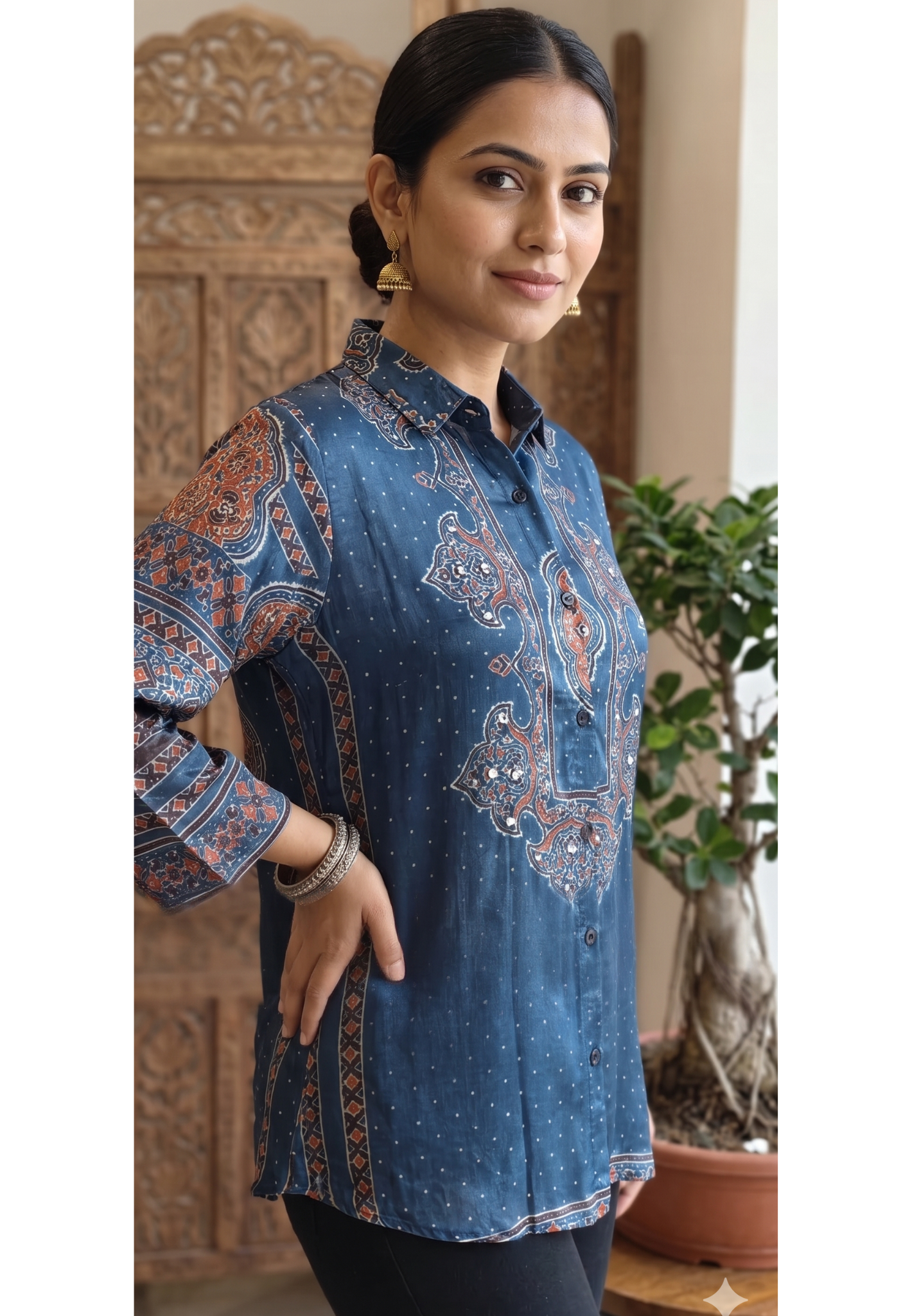 Aura Indigo Ajrakh-Inspired Printed Crepe Shirt- 14838 RB472