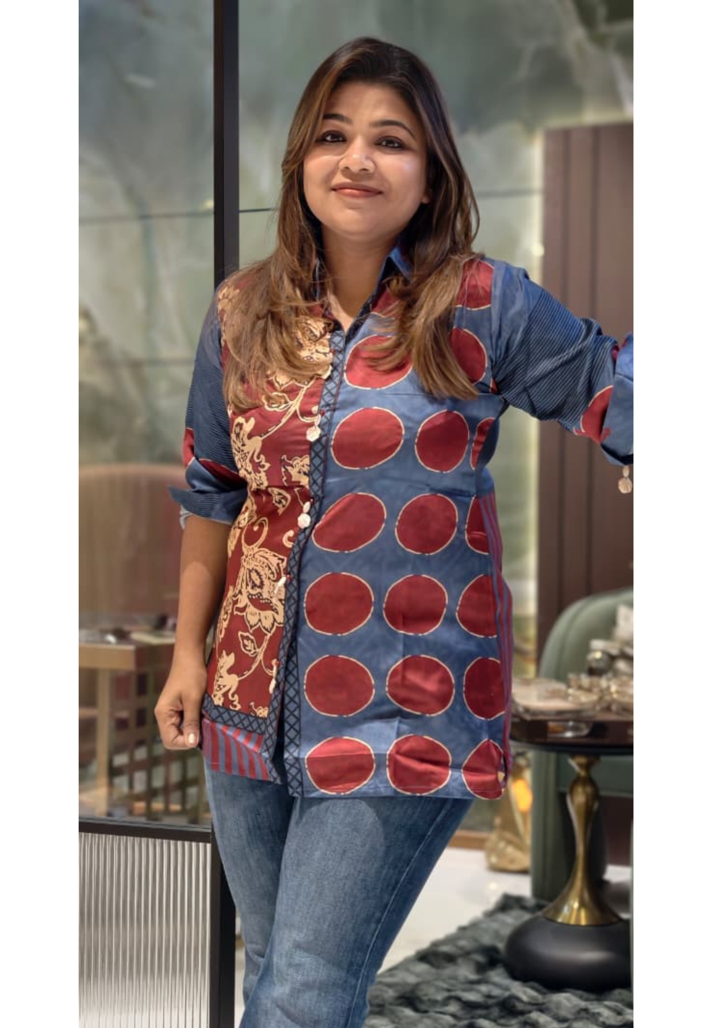 Dual-Print Asymmetric Fusion Shirt In Ochre Mustard & Prussian Blue- 14837 RB476