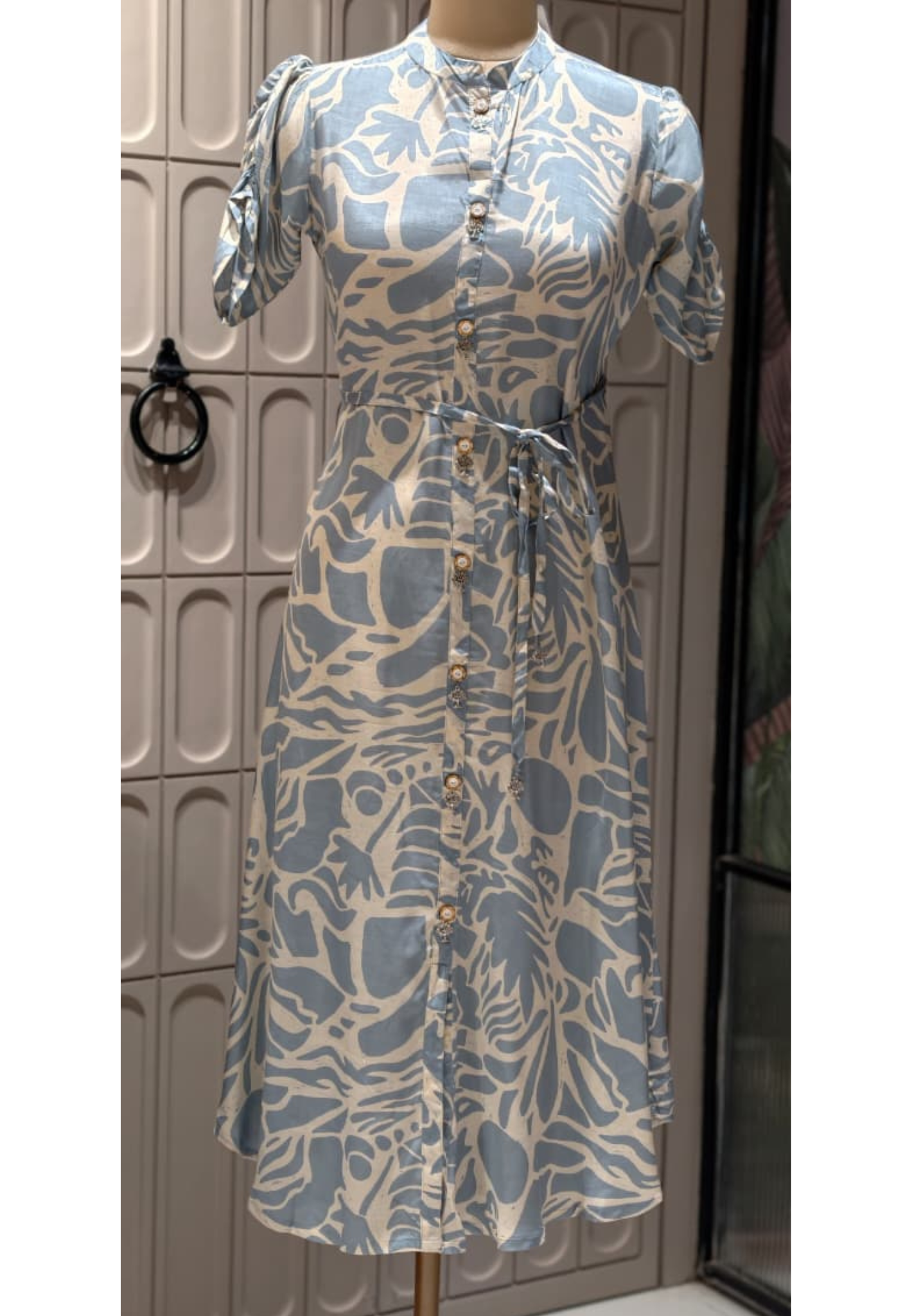 Powder Blue and Ivory Abstract Print Midi Shirt Dress with Embellished Buttons- 14687 RB487