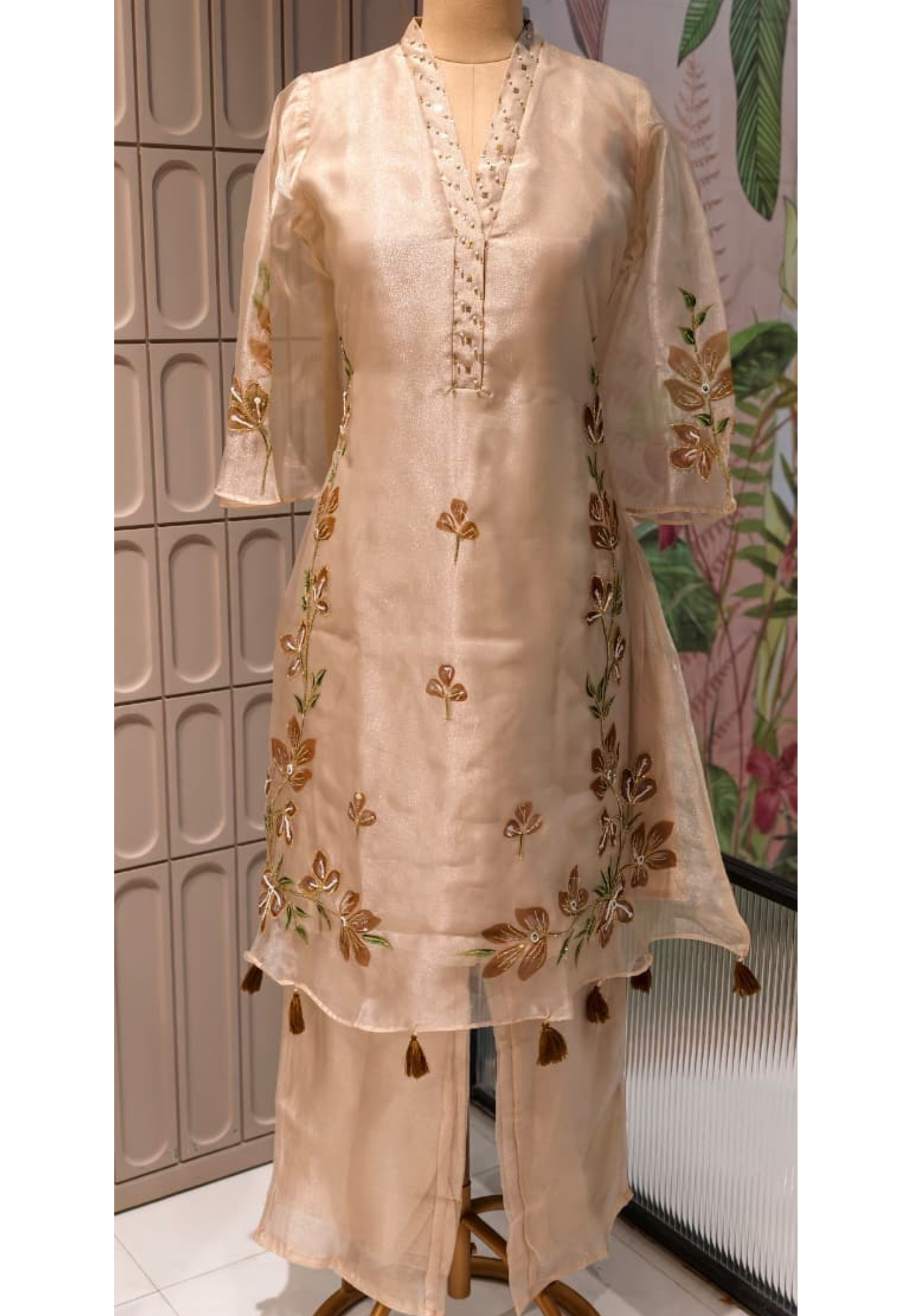 Elegant Ivory Tissue Kurta with & Loose Bottom In Floral Appliqué Patchwork & Beadwork- 14843 RB485