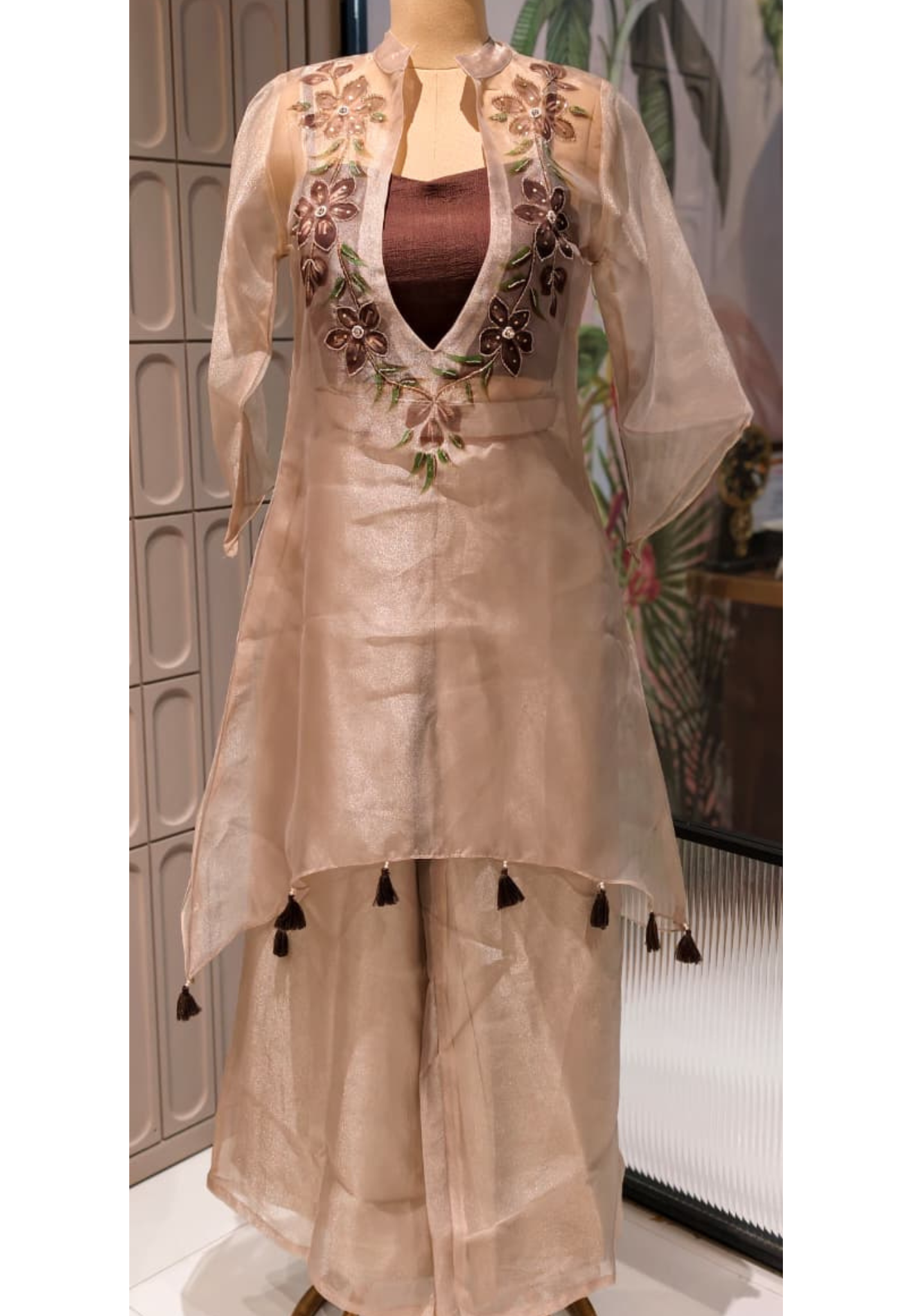 Elegant Digital Floral Print Tasseled Kurta With Buster & Bottom In Tissue Fabric- 14315,17 RB217