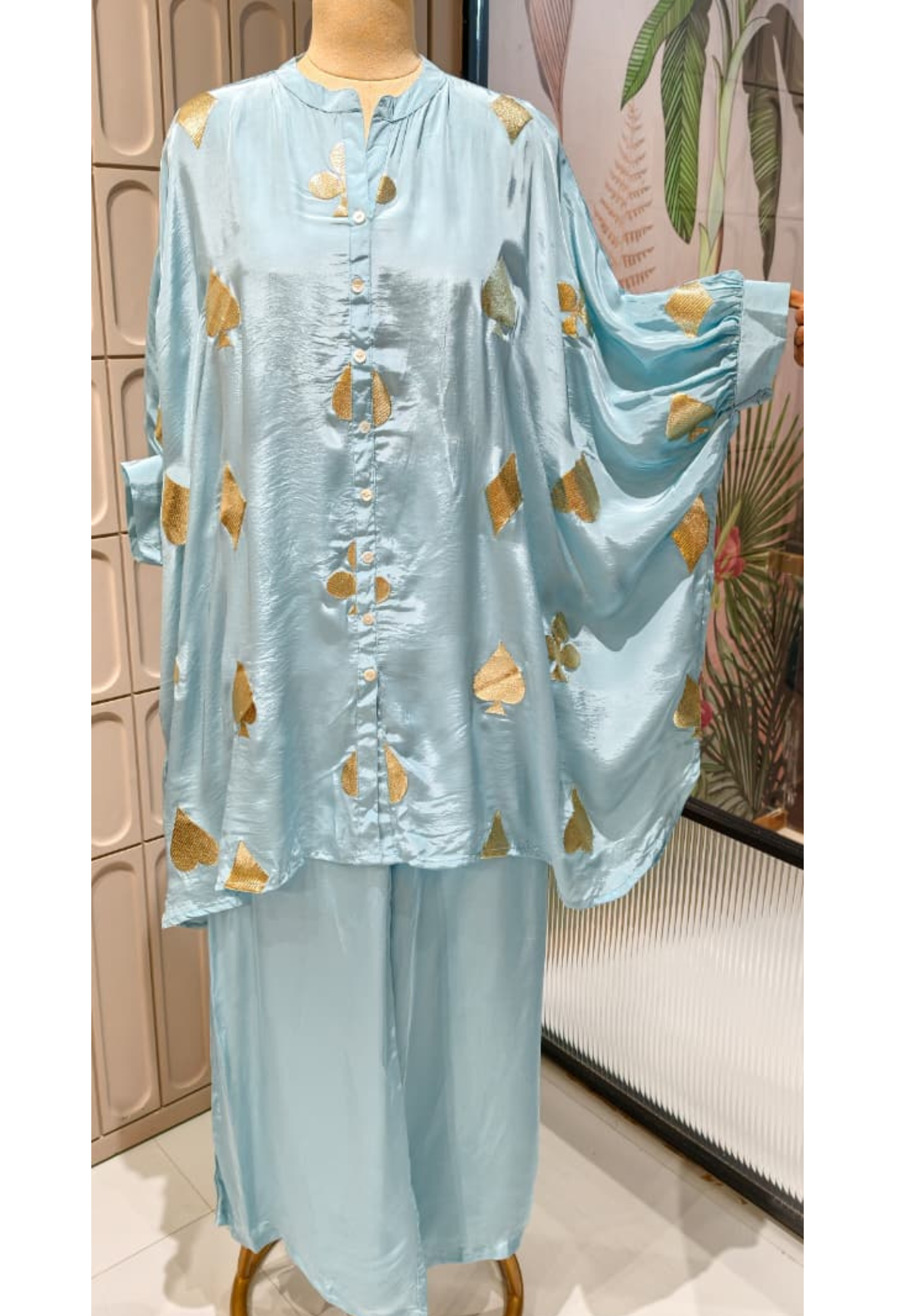 Powder Blue Golden Embossed Highlights Flowy Crepe Pathani Style Over Sized Co-Ord Set- 14849 RB484