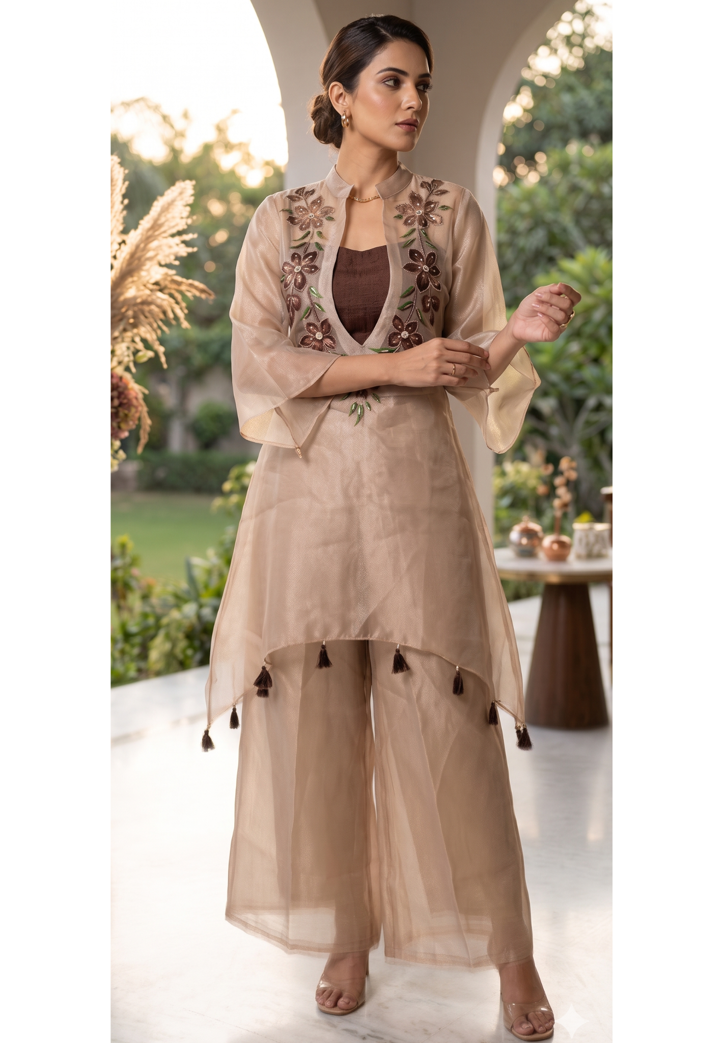 Elegant Digital Floral Print Tasseled Kurta With Buster & Bottom In Tissue Fabric- 14315,17 RB217