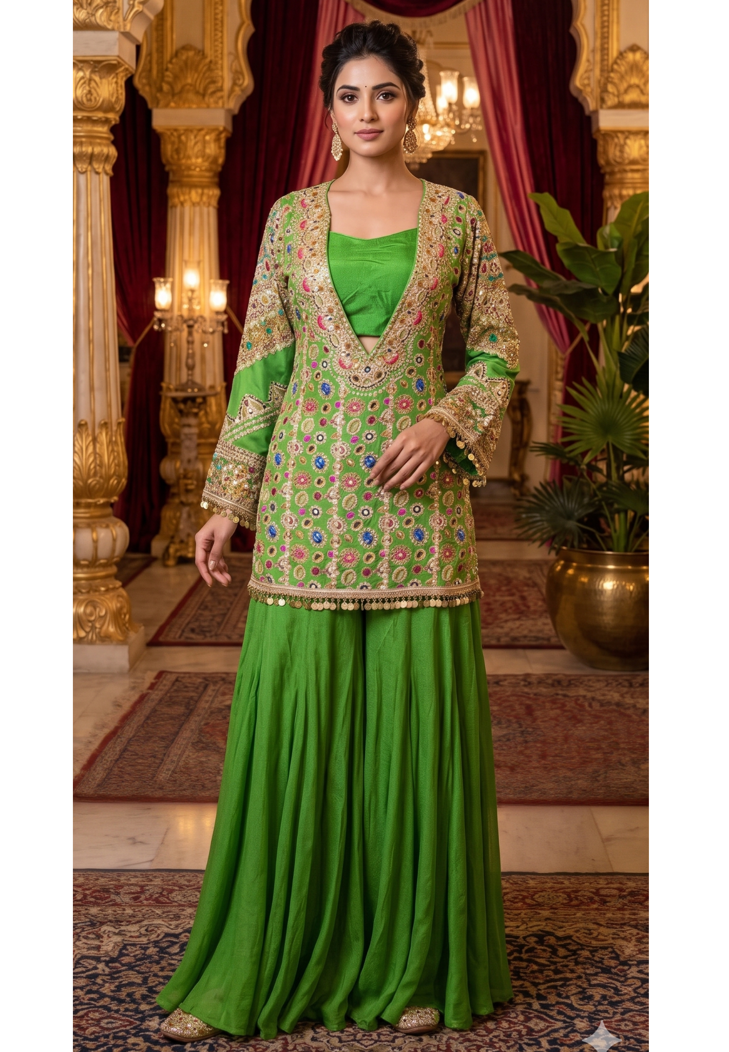 Rajasthani Elegance Multicolor Highlights Coin Tasseled Designer Outer With Buster & Flared Palazzo Bottom- 13325