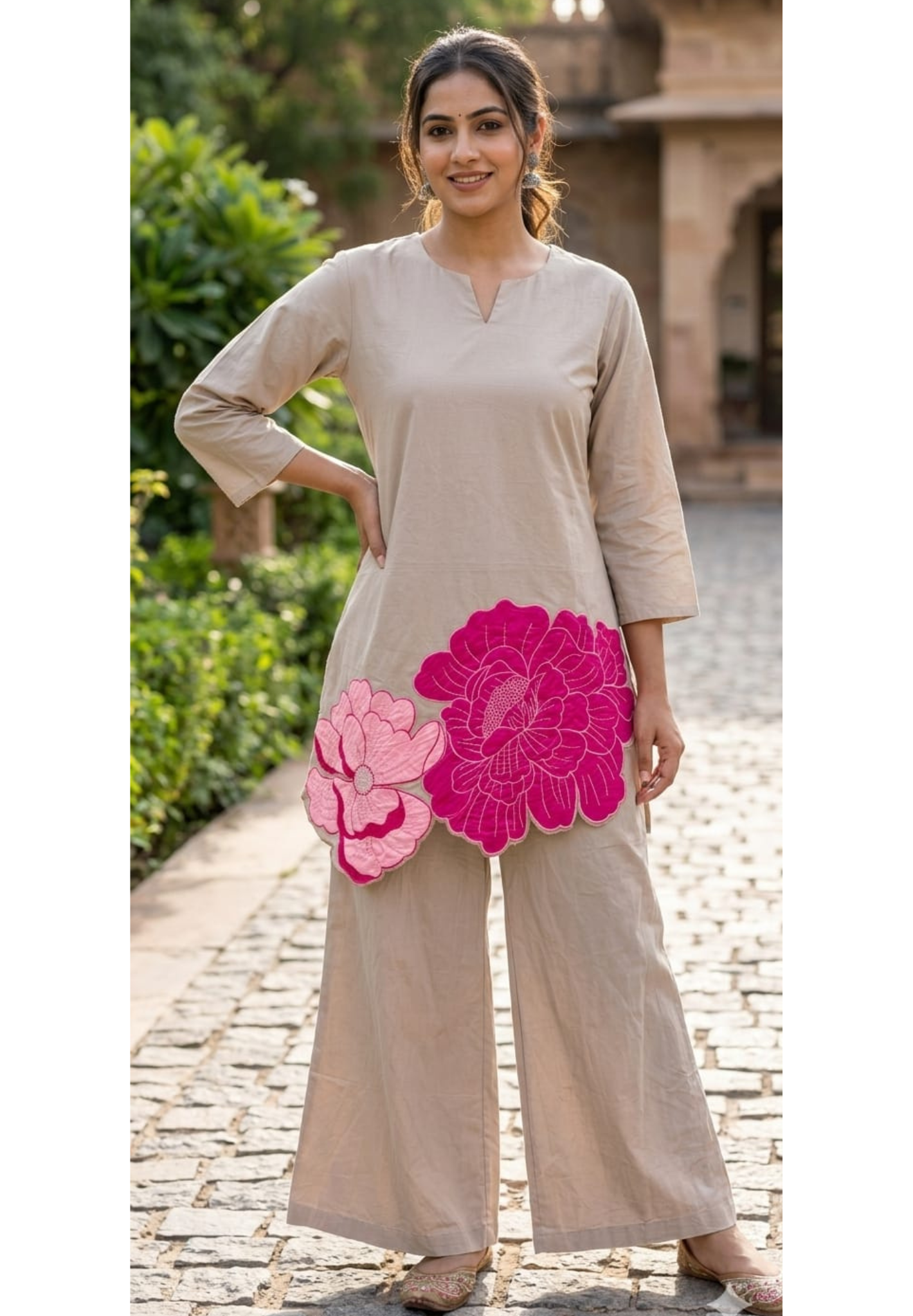 Complete Solid Very Minimal Floral Patch Look Pure Cotton Co-Ord Set- 14280 RB495