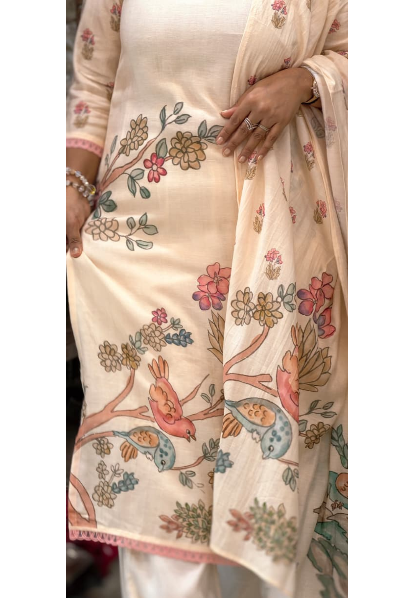 Pastel Peach Floral & Bird Patchwork Linen Full Suit Set with Mirror-Work Neckline- 14568 RB499