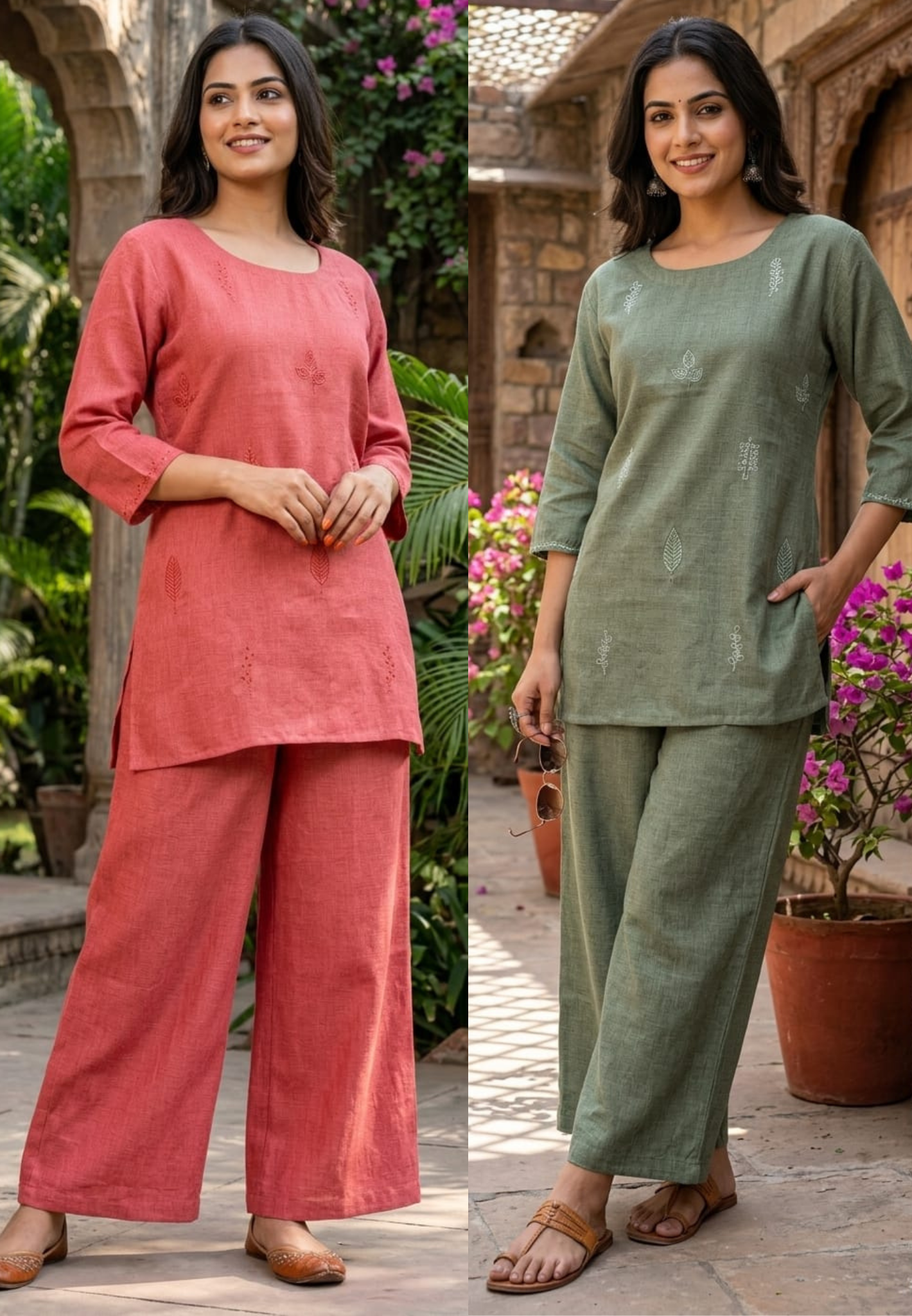 Formal Wear Jute Cotton Solid Co-Ord Sets with Delicate Leaf Embroidery- 14863 RB502