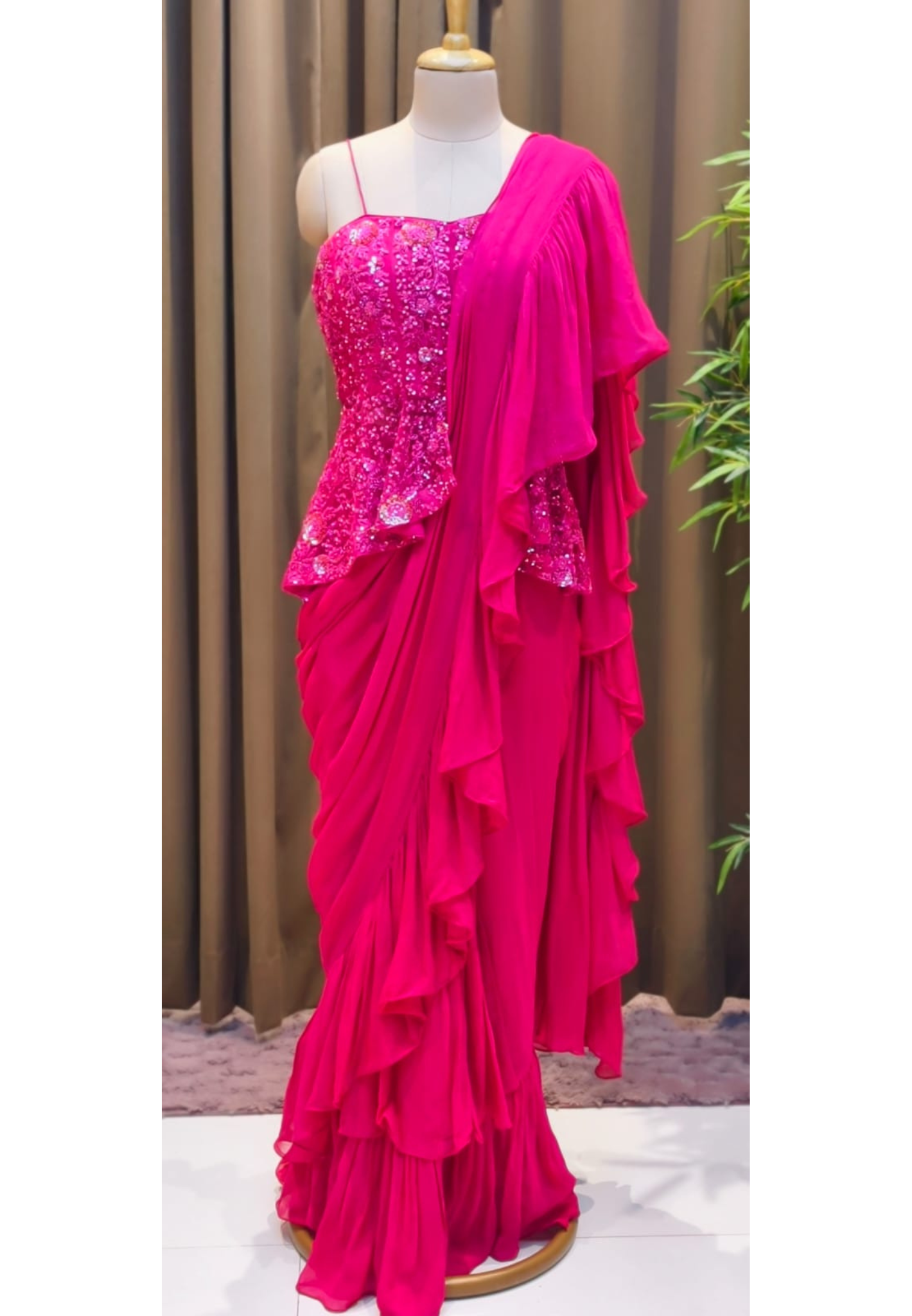 Fuchsia Royale Couture Draped Saree Gown with Heavy Sequin Embellished Corset Blouse-Dispatching after 30 days