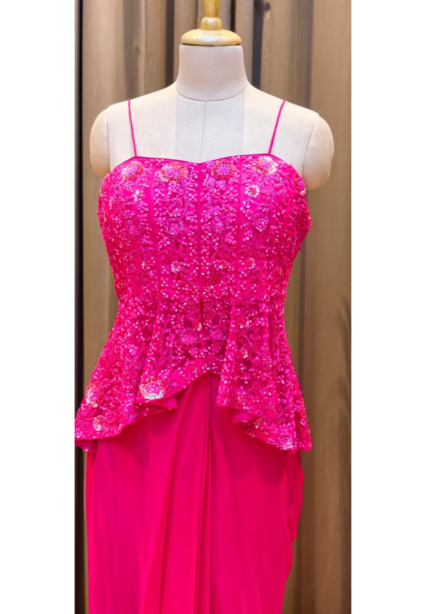 Fuchsia Royale Couture Draped Saree Gown with Heavy Sequin Embellished Corset Blouse-Dispatching after 30 days