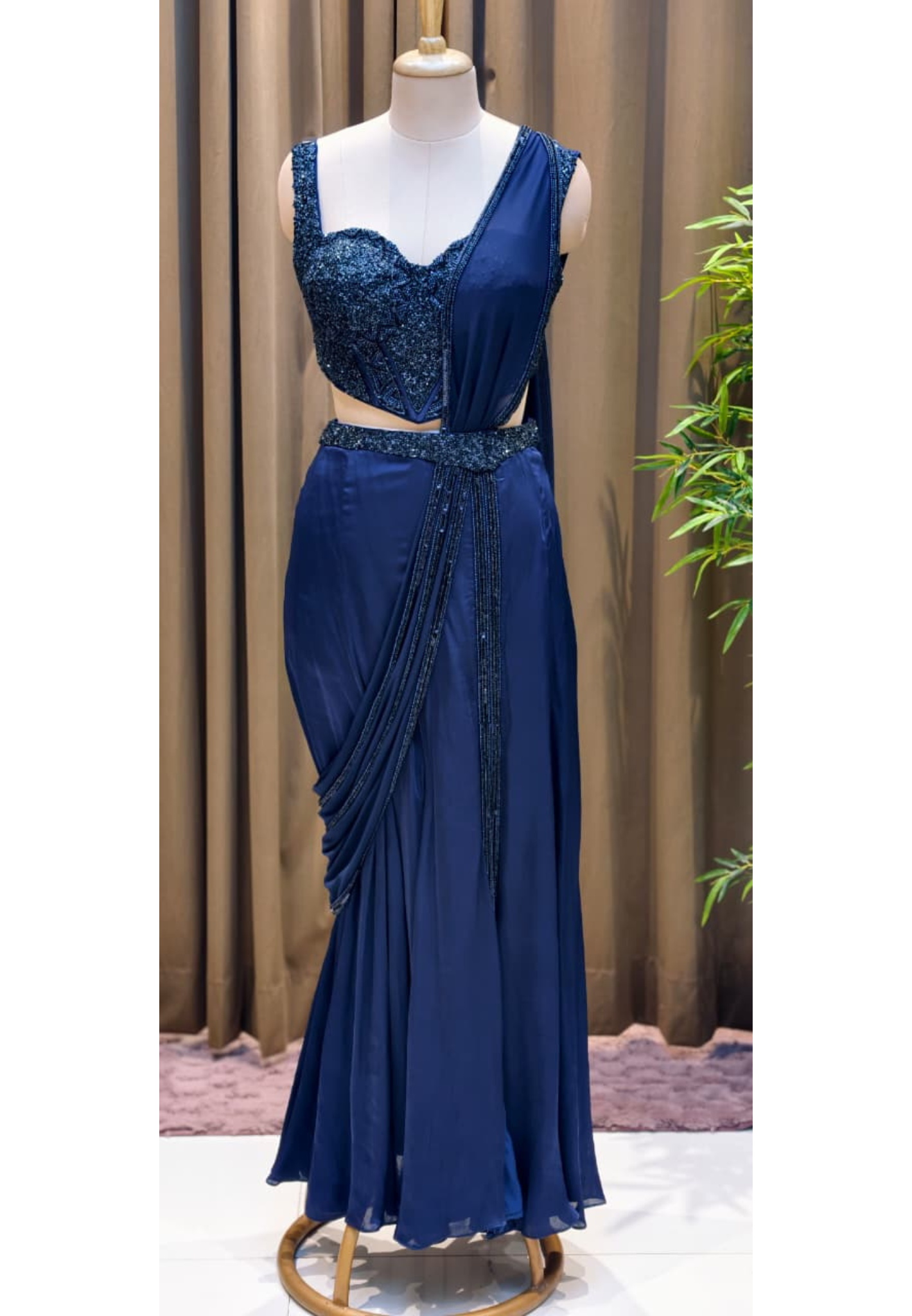 Midnight Royale Luxury Pre-Draped Saree With Slit with Heavy Handwork Corset Detailing-14870 Dispatching After 30 days
