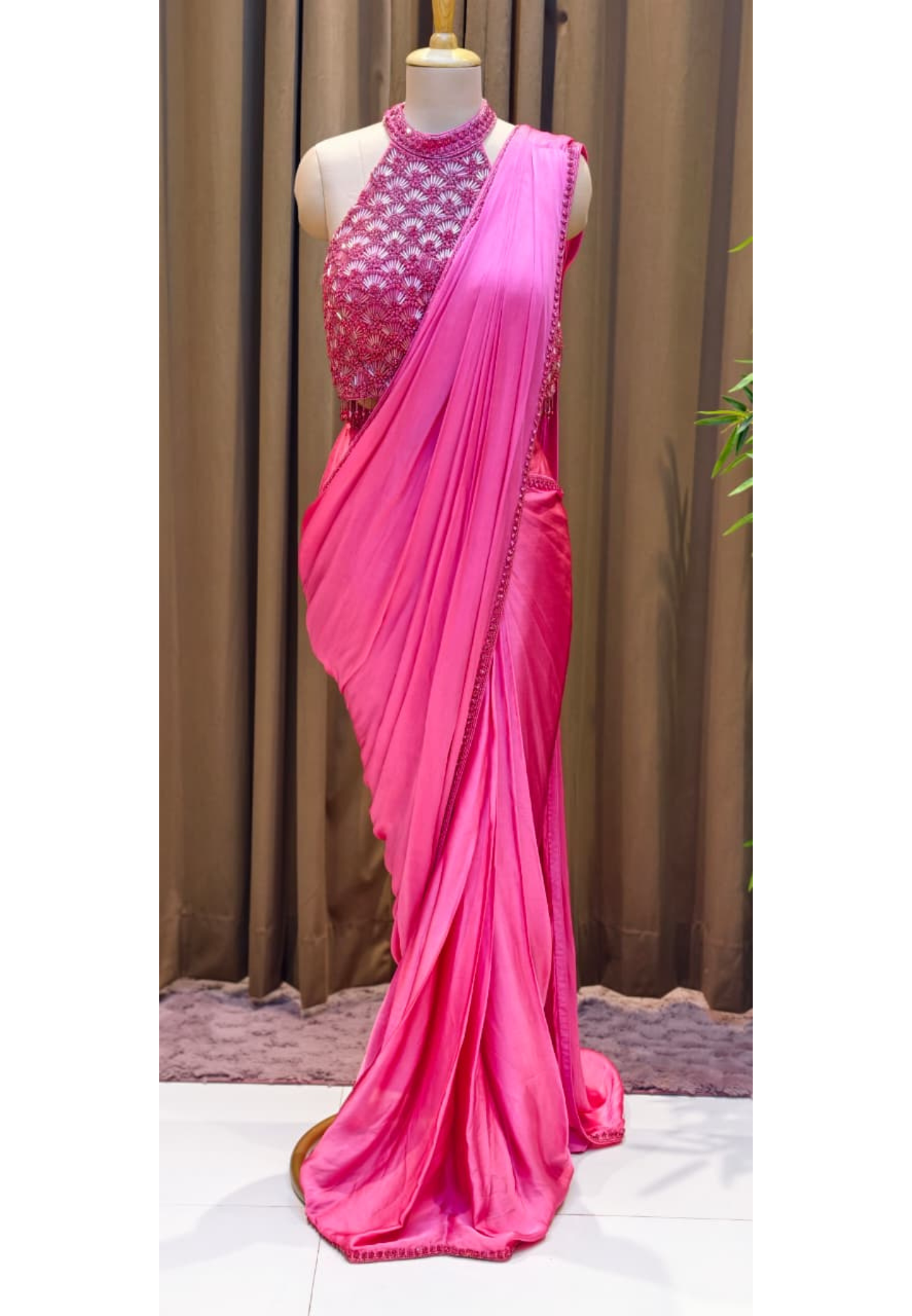Luxury Rosé Glam Satin Drape Saree with Heavy Mirror Work Designer Blouse-14871 Dispatching after 30 Days