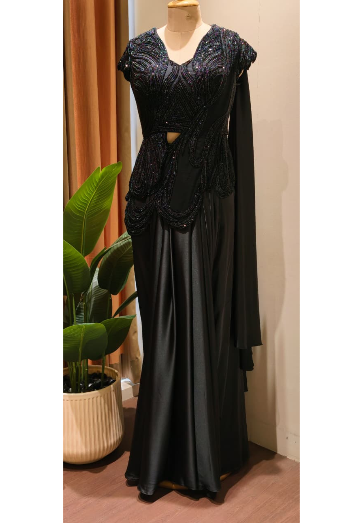 Midnight Noir Luxury Draped Saree Gown with Heavy Sequin & Bead Embellished Corset Blouse-14235-Dispatching after 30 Days