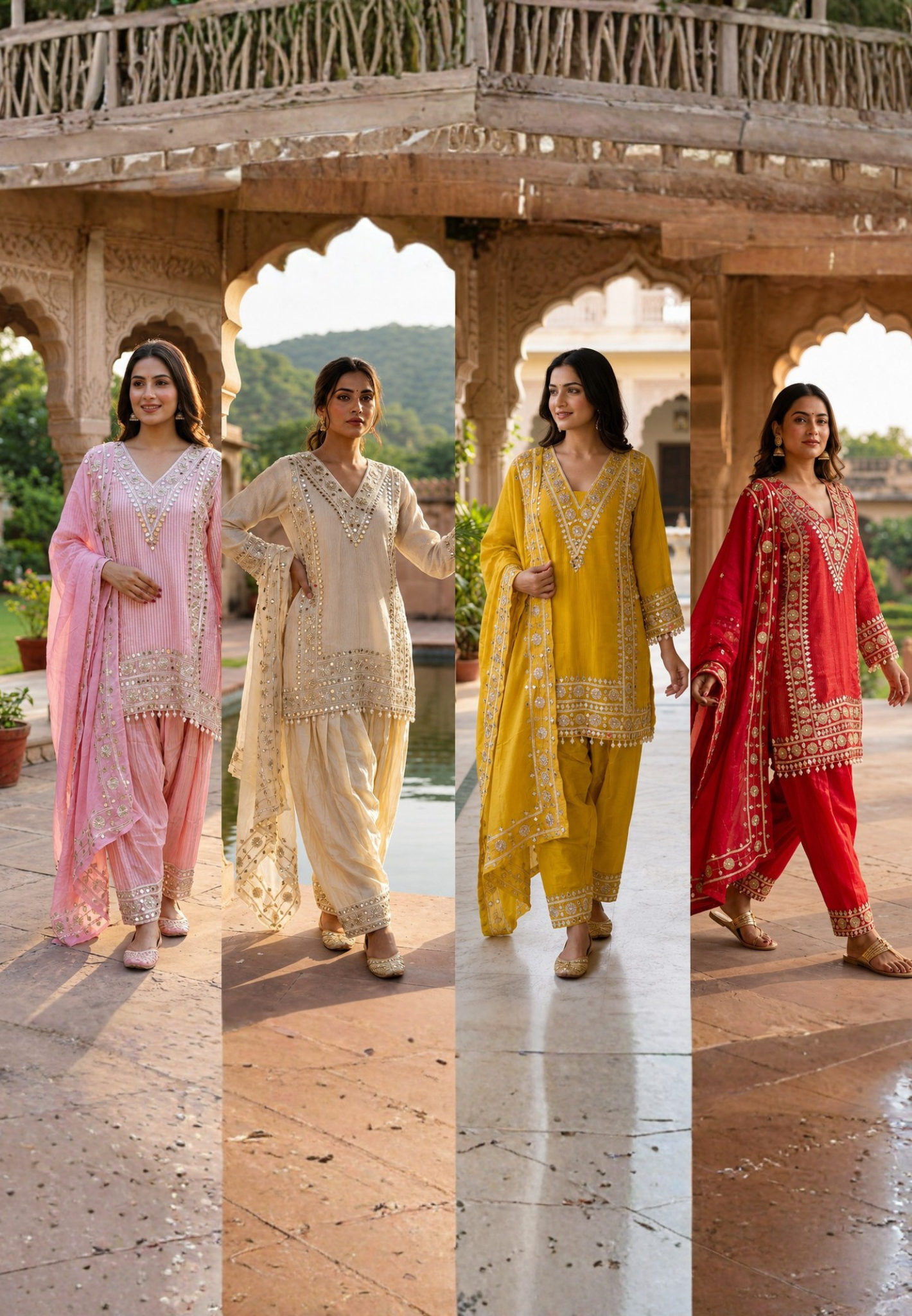 Designer Heavy Mirror Work Embroidered Kurta with Farshi Bottom  Dupatta-14879