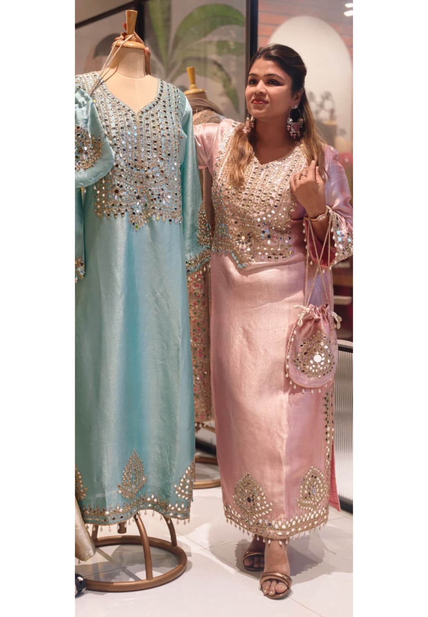 Shimmer Tissue Celeste Royale Heavy Mirror Work Designer Long Kurta With Potli Bag