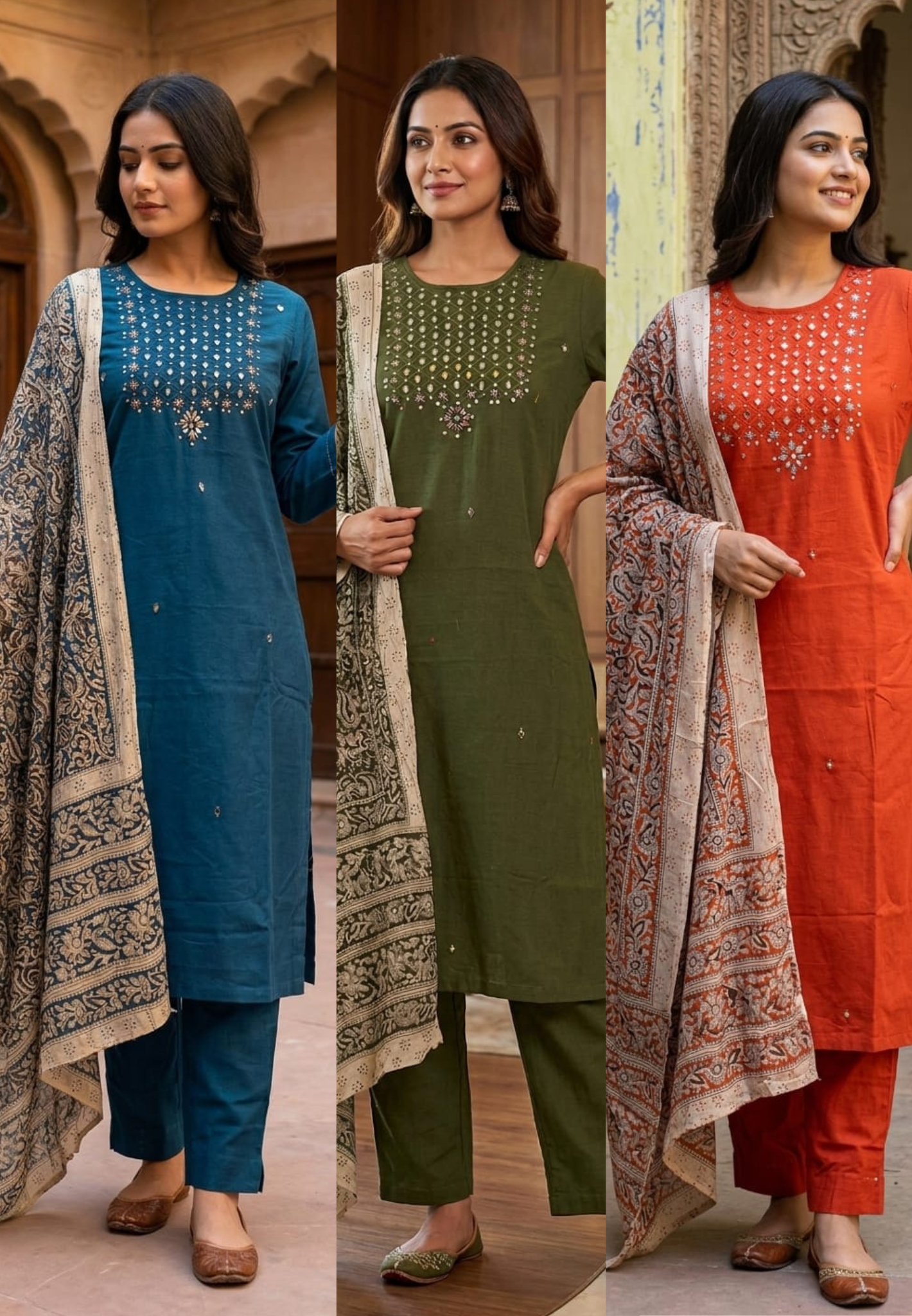 Mirror work Cotton Solid colour Kurta With Bottom With Kalamkari Dupatta 13941