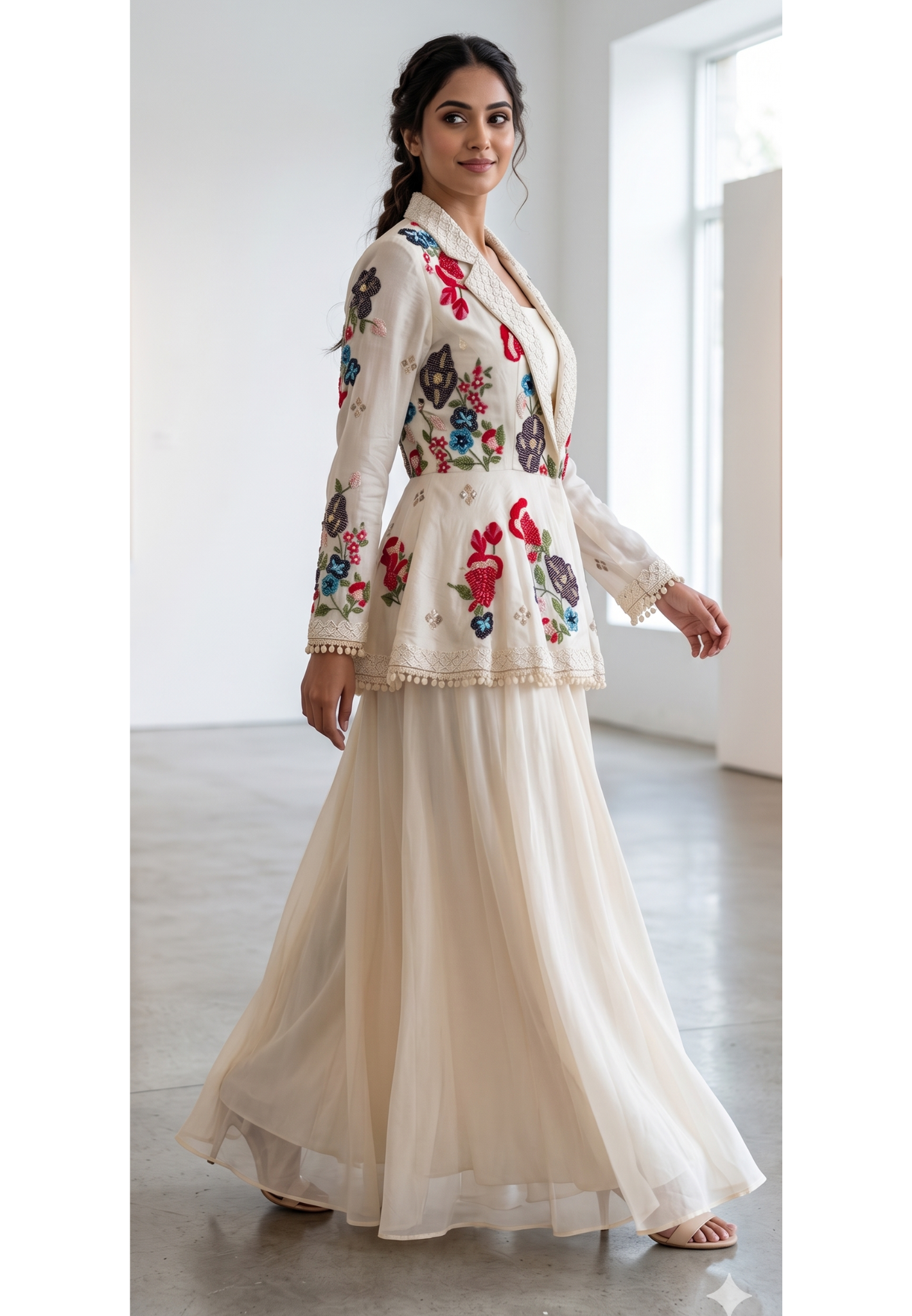 Elegant 3-piece partywear beautifully embellished peplum-style jacket, inner top, and flowy draped palazzo pants-14327