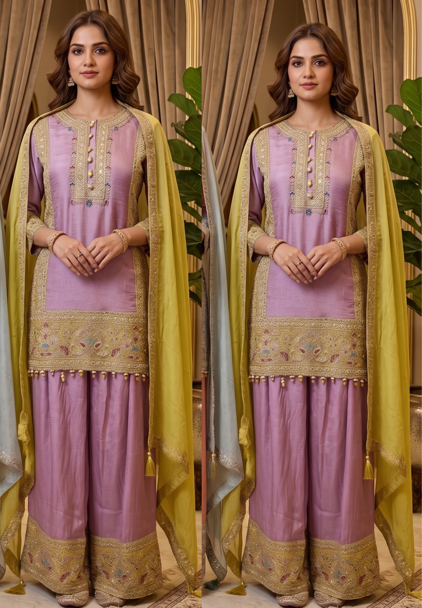 Elegant lavender kurta set paired with a traditional farshi salwar and a graceful organza dupatta-14286