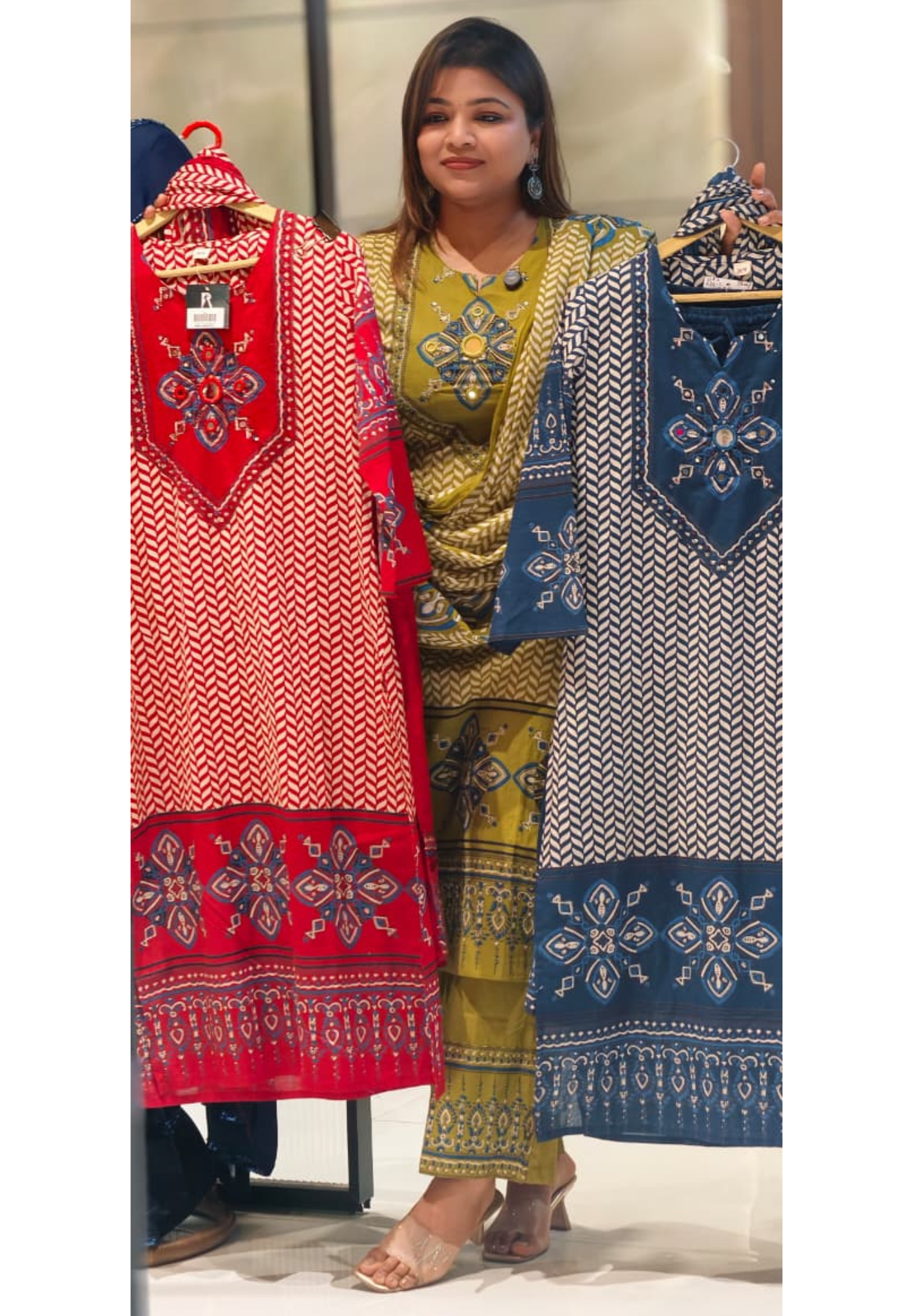 Geometric Chevron Print 3-Piece Cotton Full Suit Set with Mirror-Work Yoke- 14920