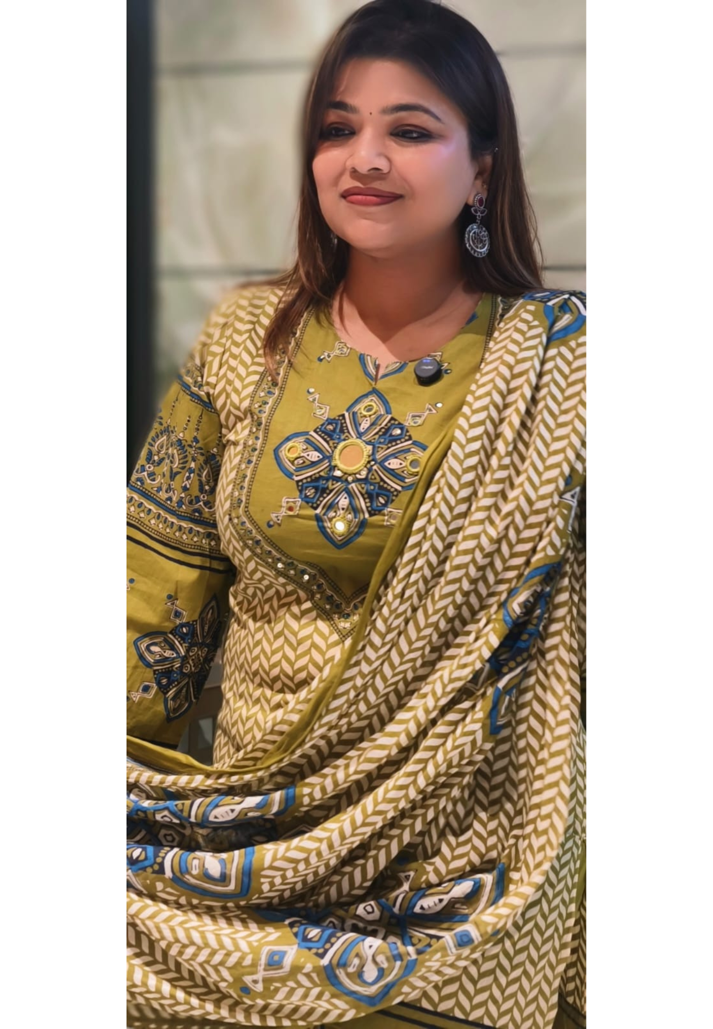Geometric Chevron Print 3-Piece Cotton Full Suit Set with Mirror-Work Yoke- 14920