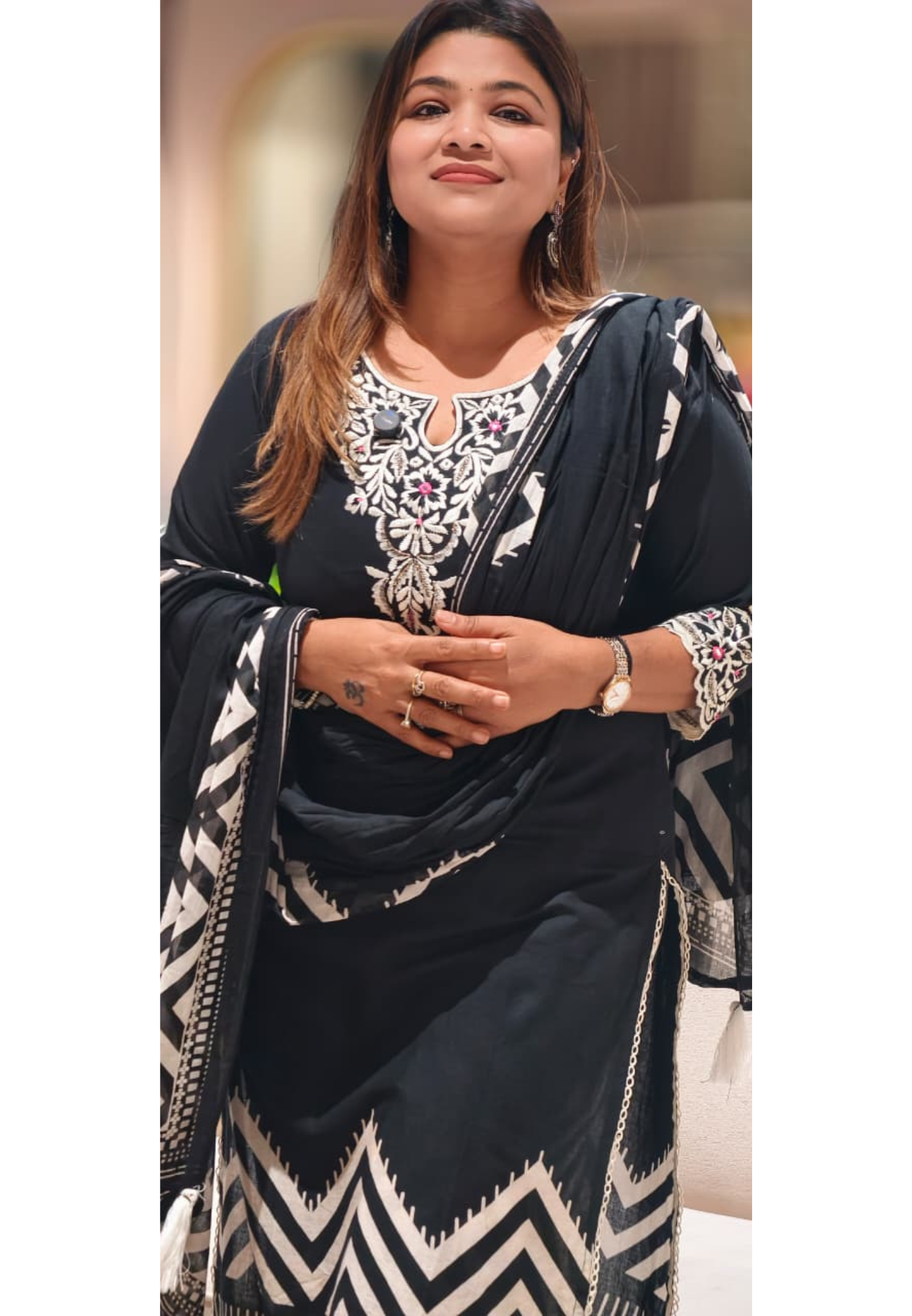 Fine Floral Embroidery Yoke With Striped Accent Cotton Full Suit Set With Dupatta- 14598