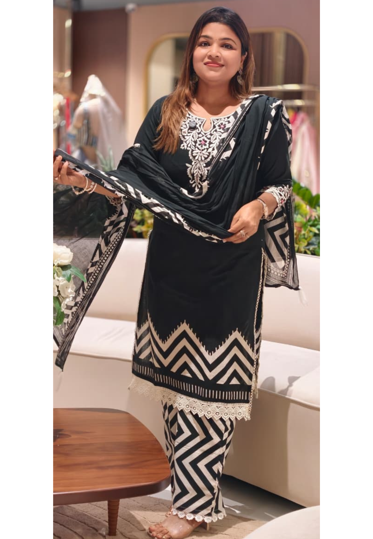 Fine Floral Embroidery Yoke With Striped Accent Cotton Full Suit Set With Dupatta- 14598