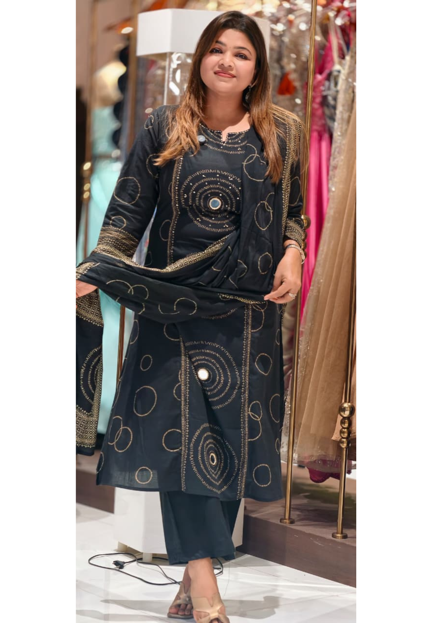 Rounded Print With Real Mirror Touch A-Line Cotton Full Suit Set With Dupatta- 14919
