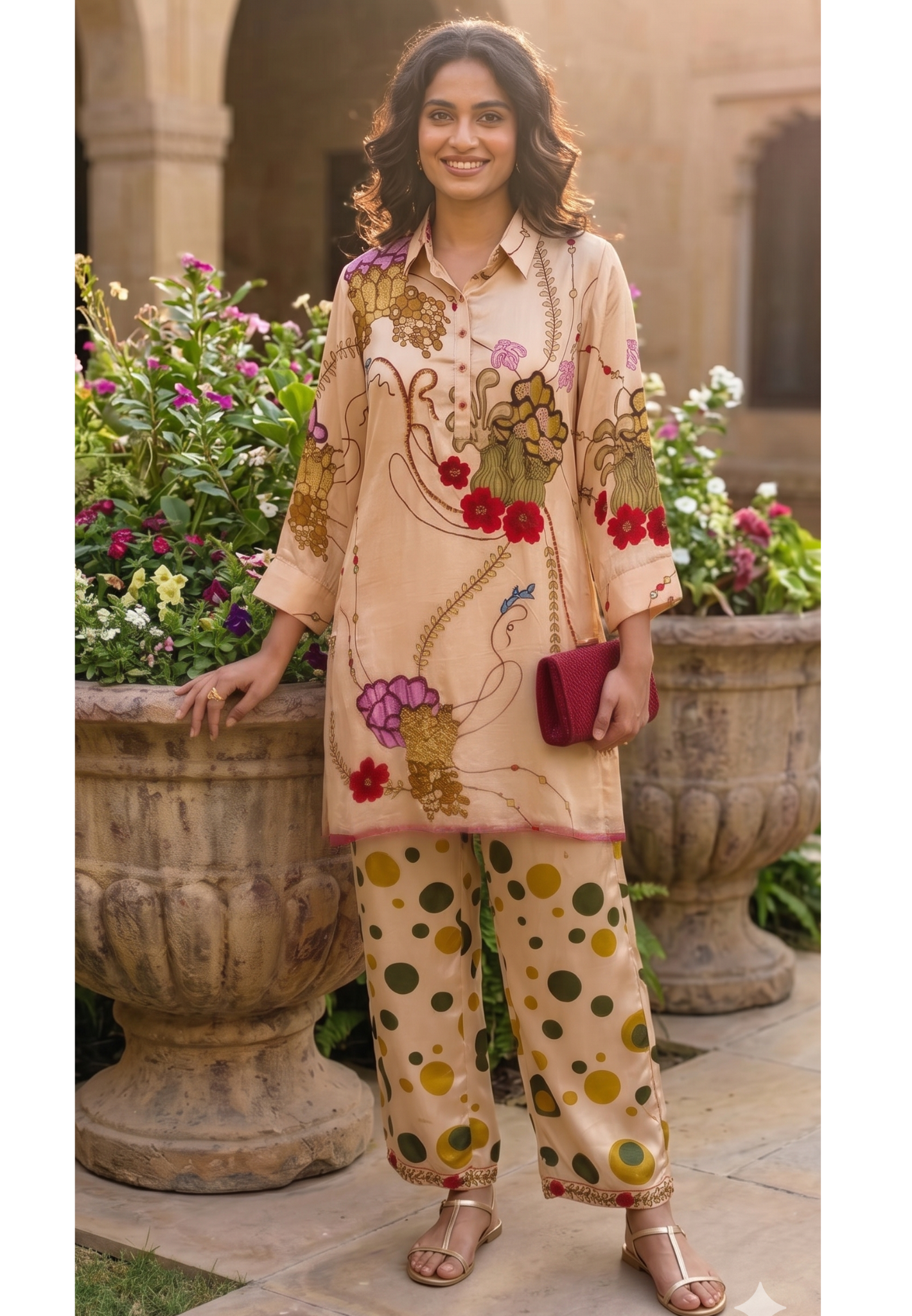Floral Digital Print Pure Crepe Collared Kurta Pant Set With Buttoned Accent- 13092
