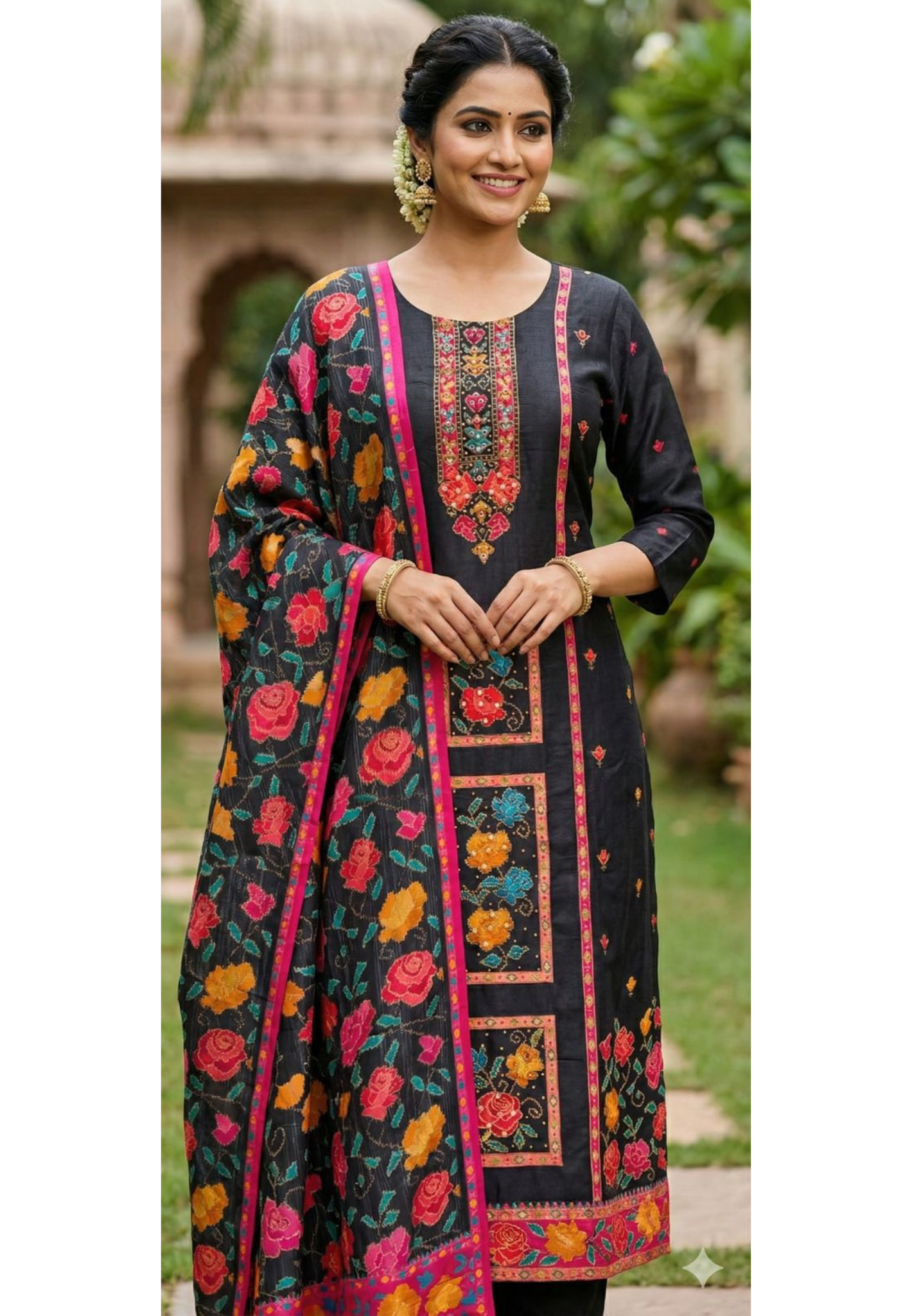 Midnight Bloom Intricate Multicolor Detailing Full Suit Set With Dupatta In Dola Silk Fabric- 13429