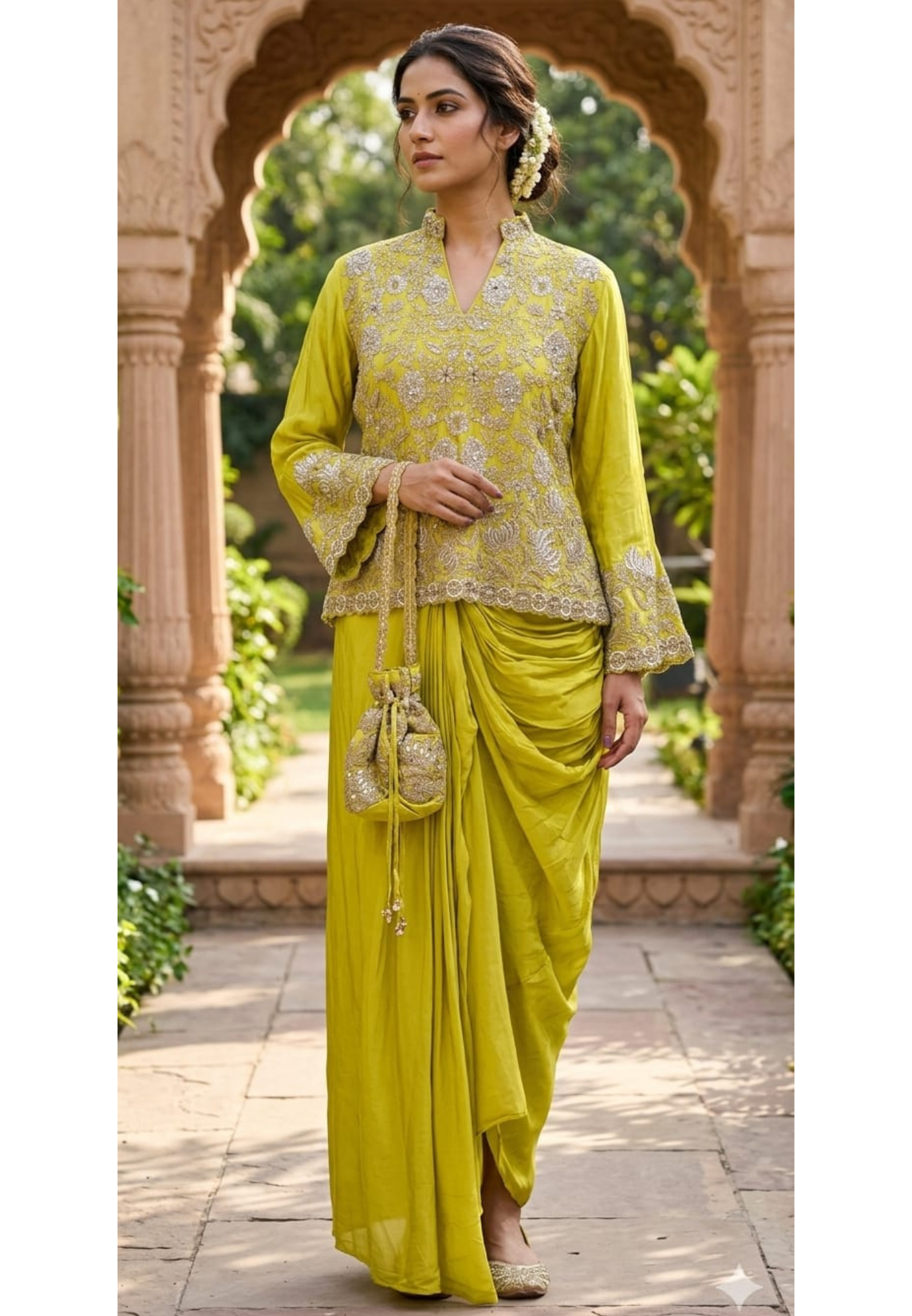 Bright Royal Aura Embroidery Embellished Indo-Western Wear With Dhoti Skirt & Potli In Crepe Fabric-11176