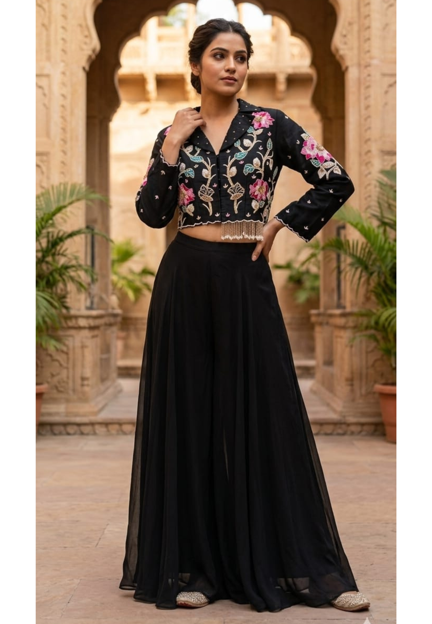 Very Elegant Cut-dana Floral Work Tassled Collared Tissue Crop Top With Drape Skirt- 12363