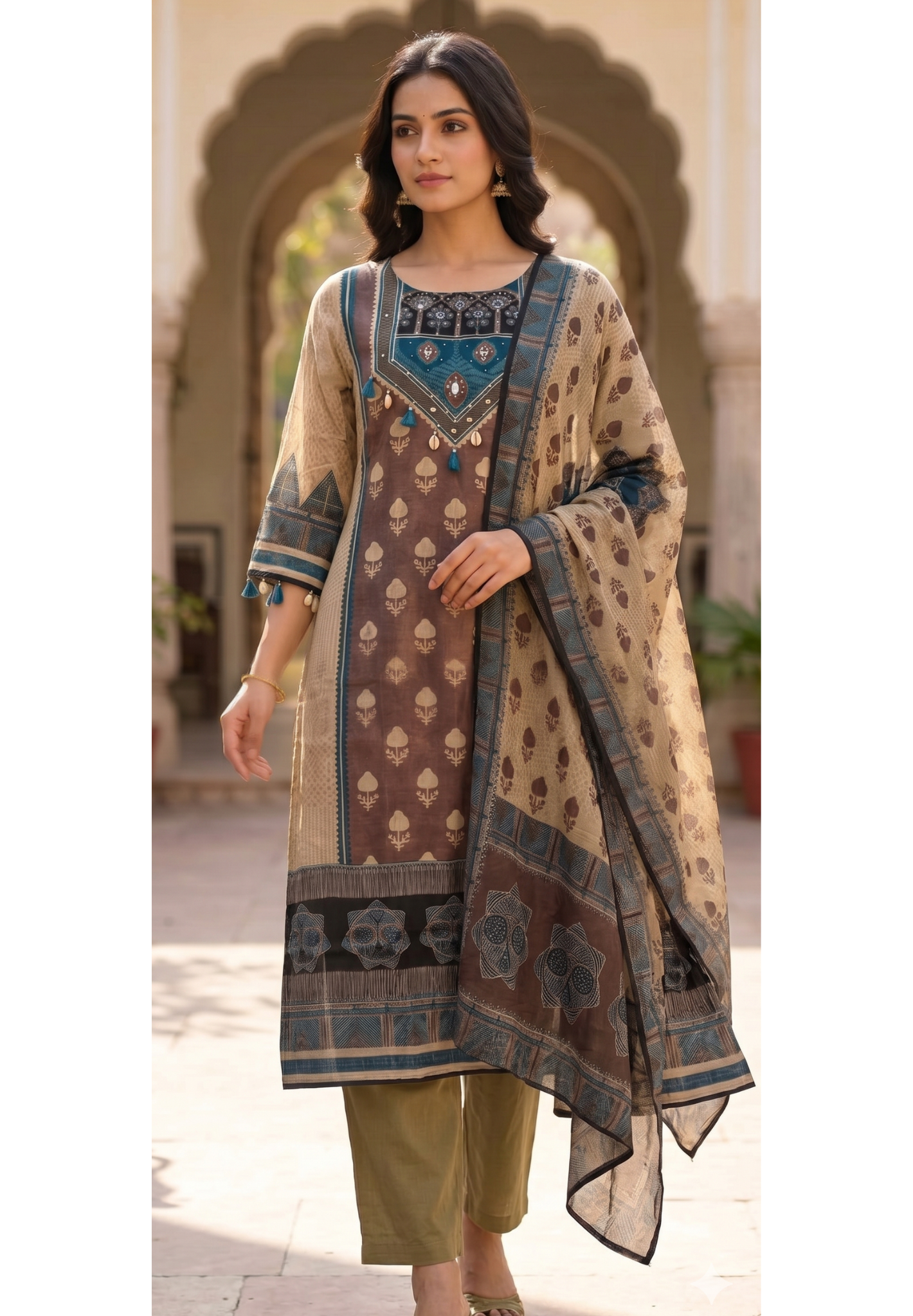 Vintage Boho Indigo & Coffee Brown Printed A-Line Russian Silk Full Suit Set With Dupatta