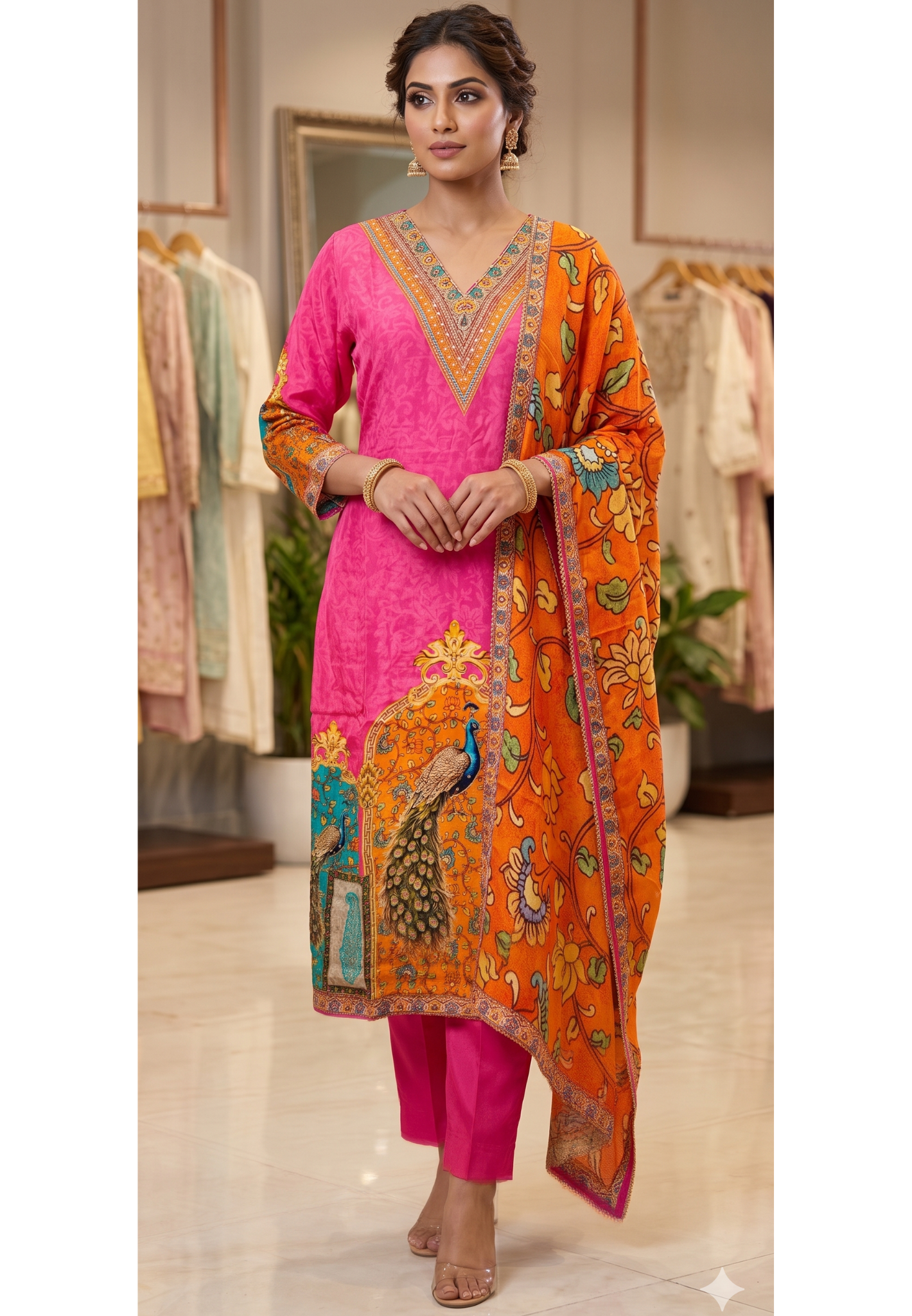 Vibrant Fuschia Elegance Peacock Inspired Digital Print Crepe Full Suit Set With Dupatta