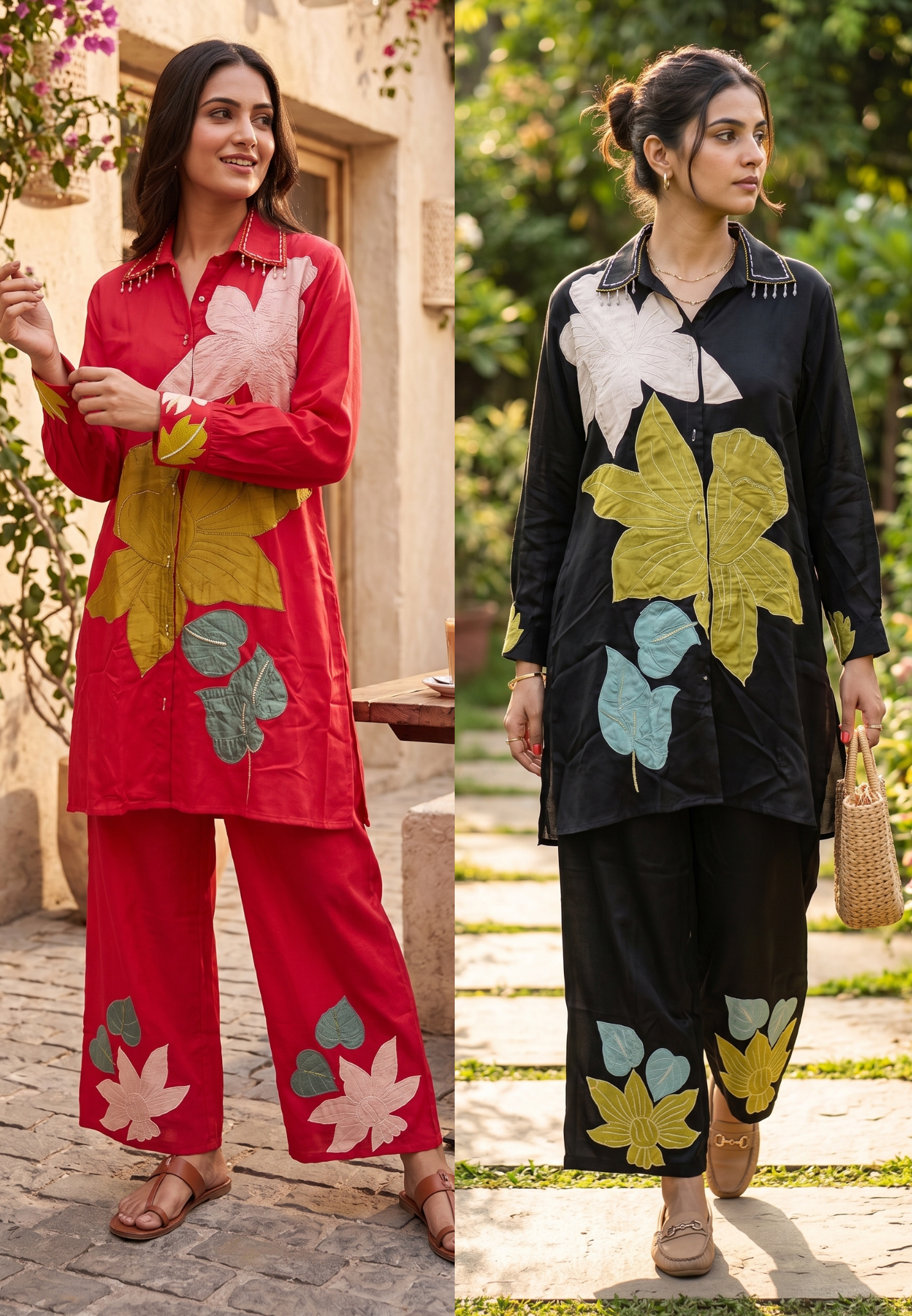 Giant Floral With Leaves Patch Work Silk Co-Ord Sets