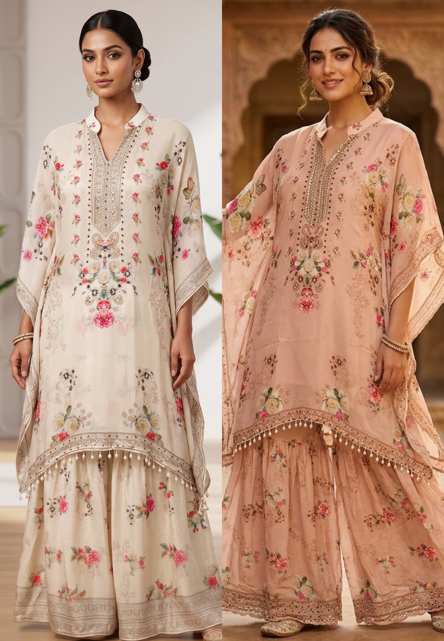 Ethereal Light Ivory Delicate Floral Prints & Neck Detailing Kaftan Sharara Set- 14933