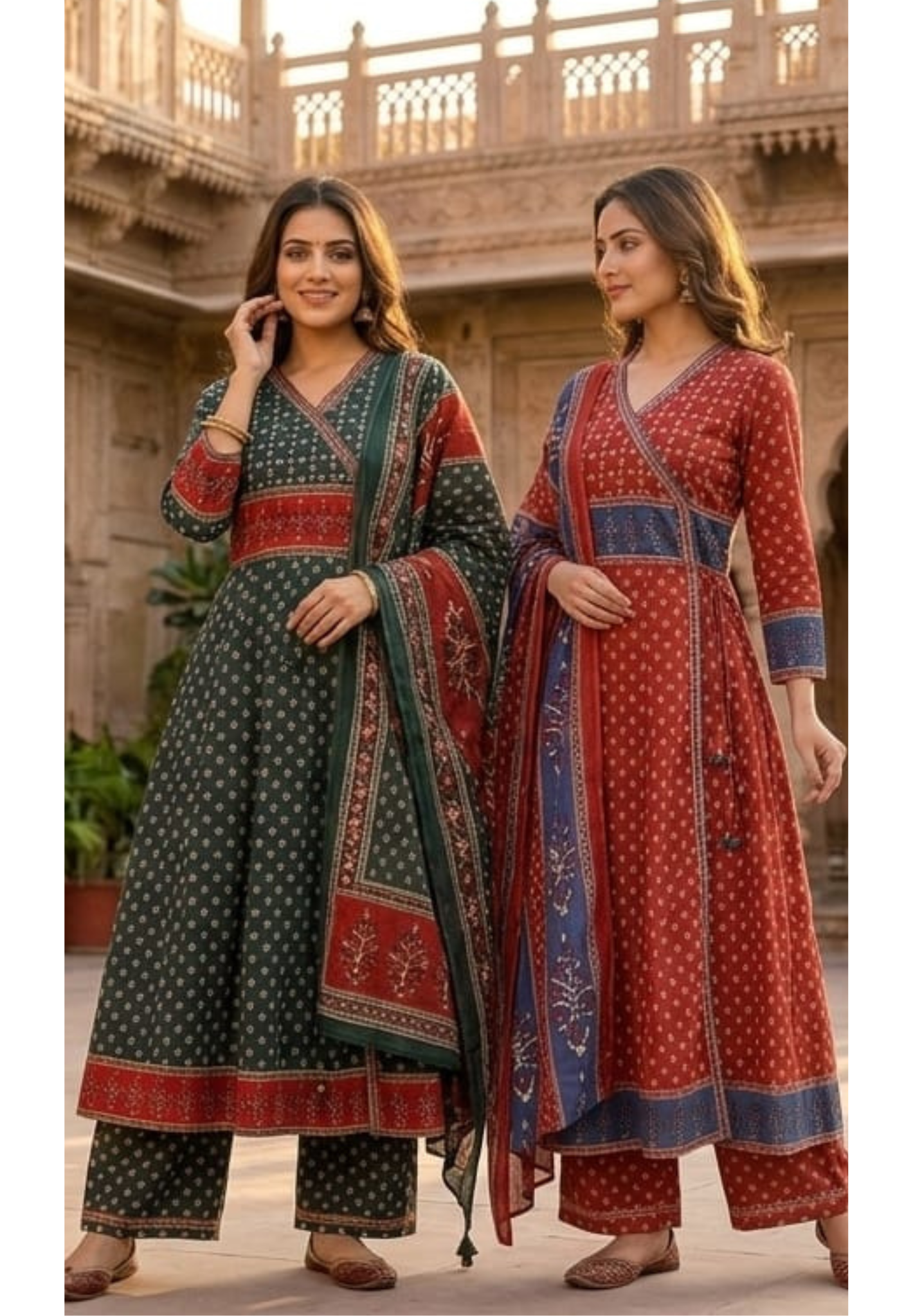 Traditional Printed Angrakha Anarkali Cotton Full Suit Set with Coordinating Dupatta- 14975