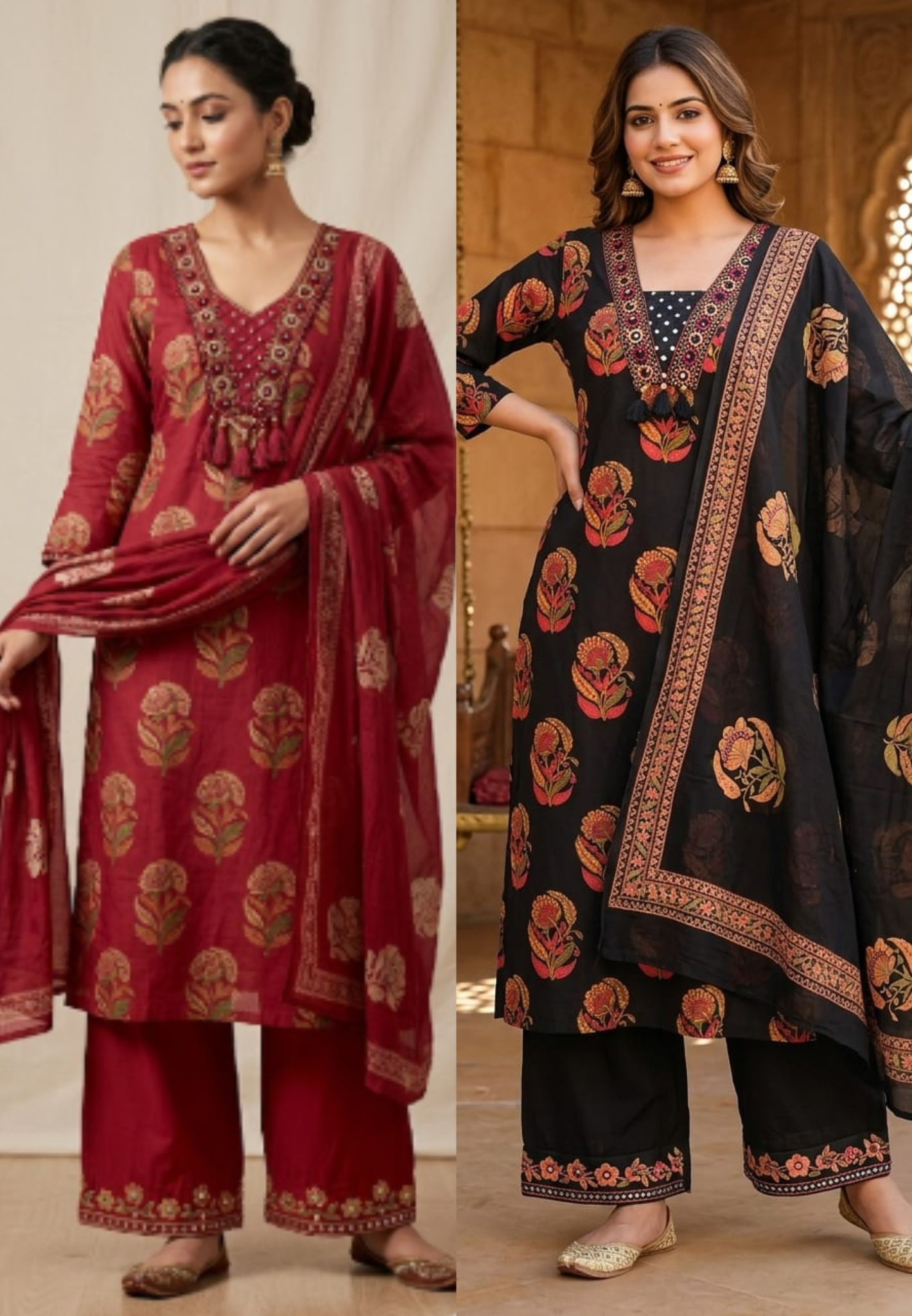 Dark Shade Contrasted Floral Block Print Cotton Straight Full Suit Set With Dupatta- 14971