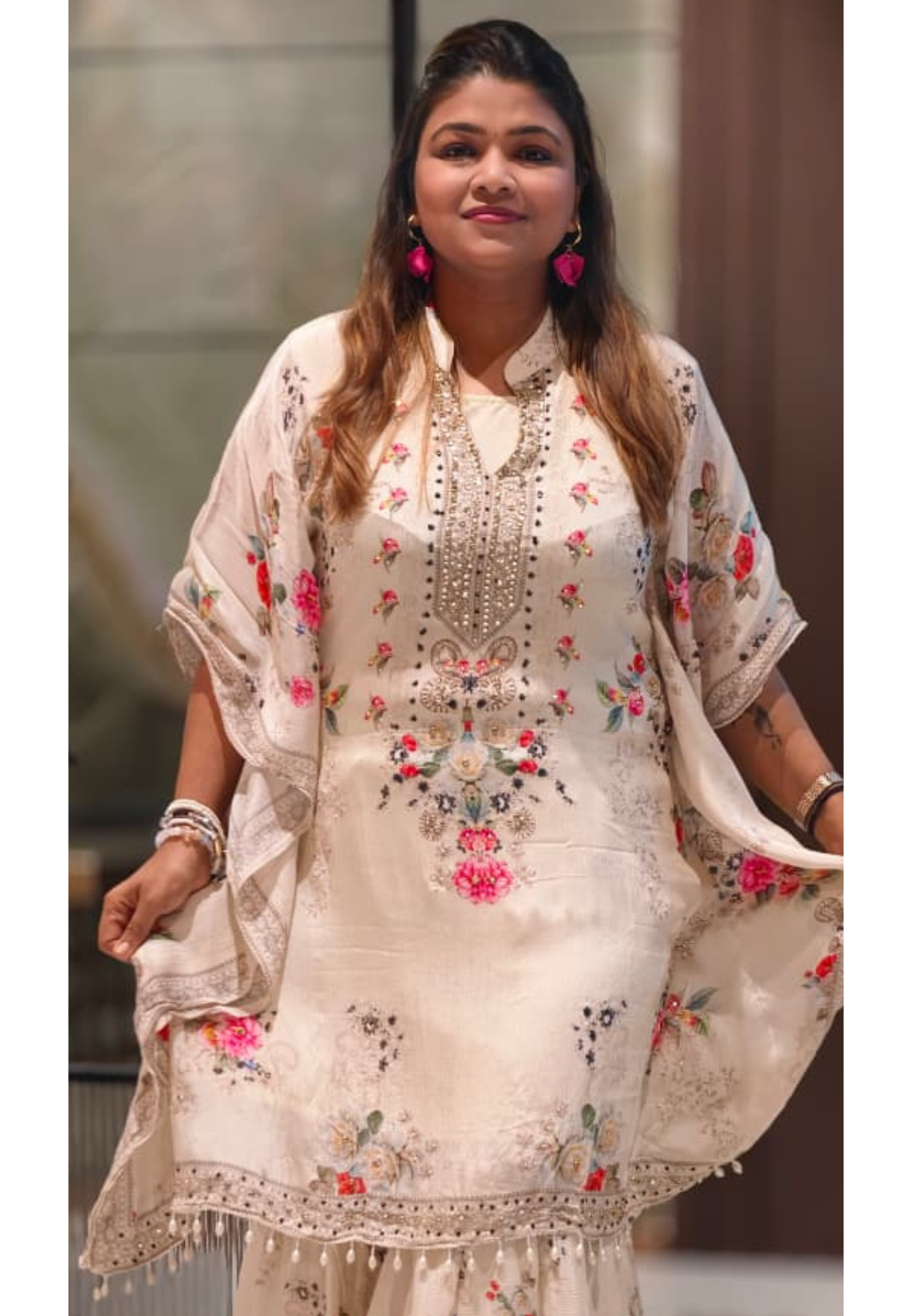 Ethereal Light Ivory Delicate Floral Prints & Neck Detailing Kaftan Sharara Set- 14933