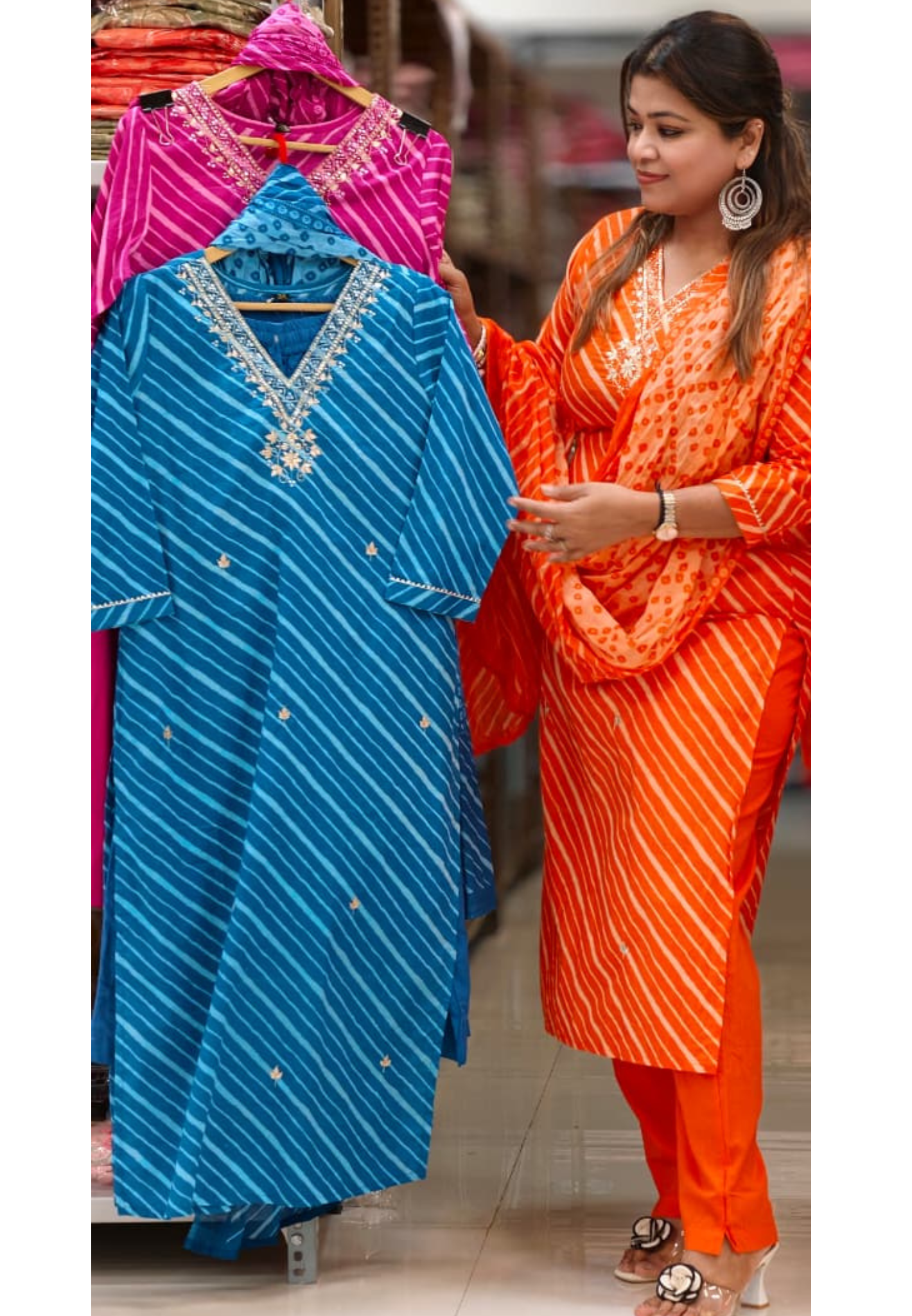 Elegant Lehariya Cotton V-Neck Embroidered Straight Kurta with Bottom and Dupatta- 14976