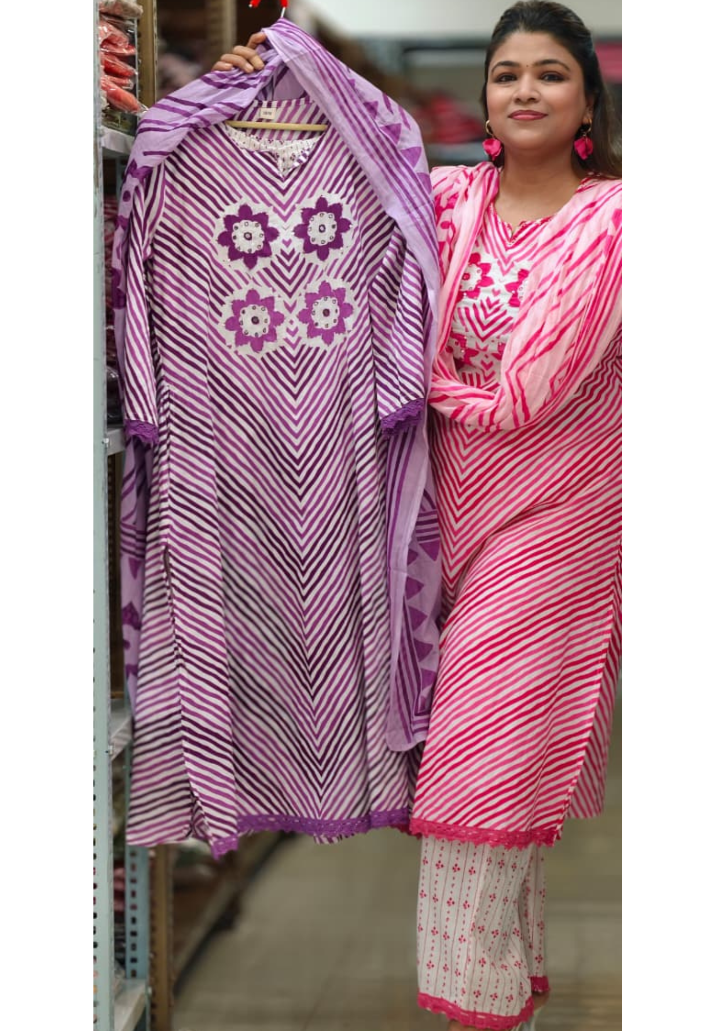 Floral Yoke With Leheriya Print Cotton Full Suit Set With Dupatta- 14999