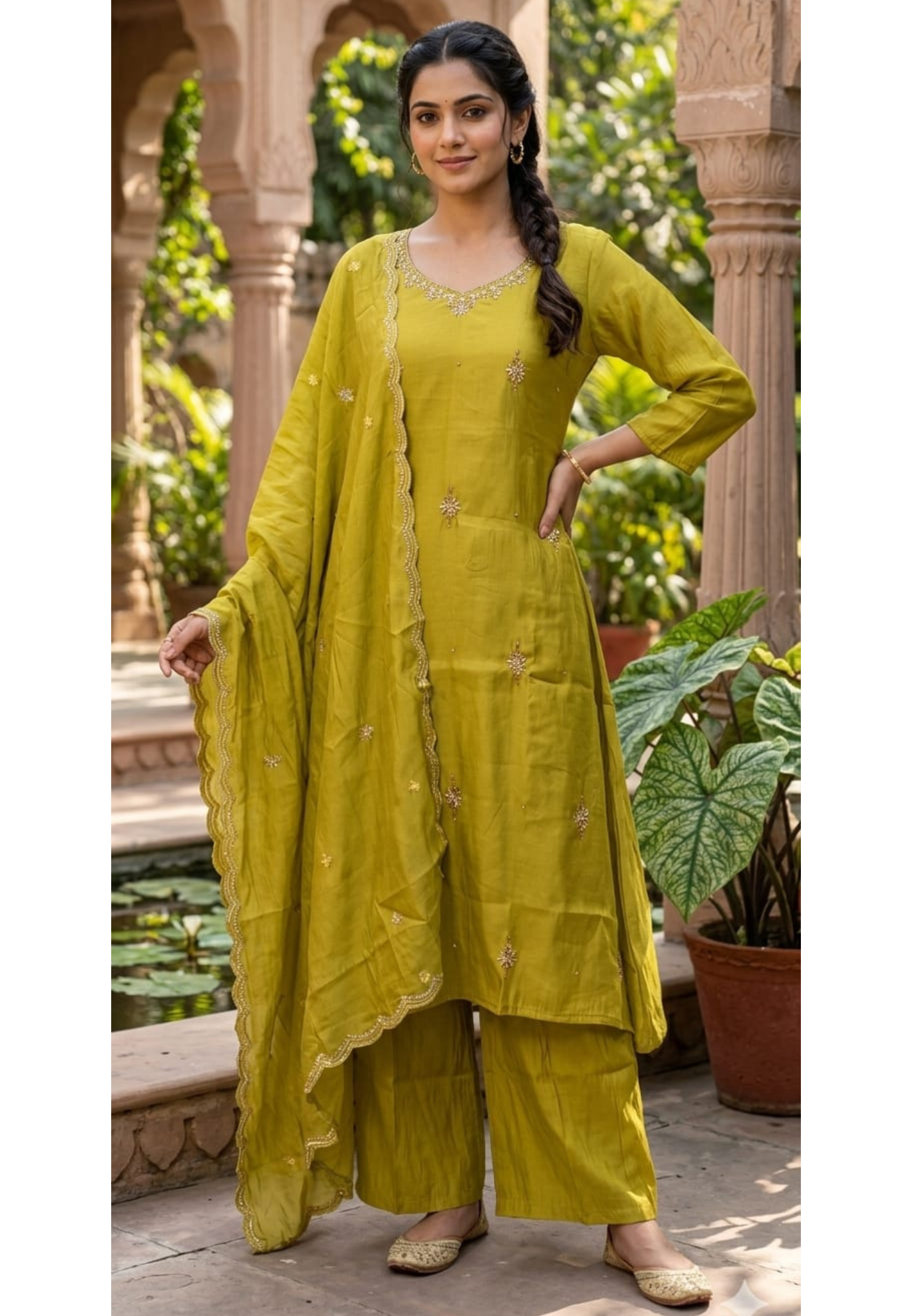 Surat Mul Chanderi Festive A-Line Full Suit Set with Delicate Zari Booti & Embroidered Borders- 14943