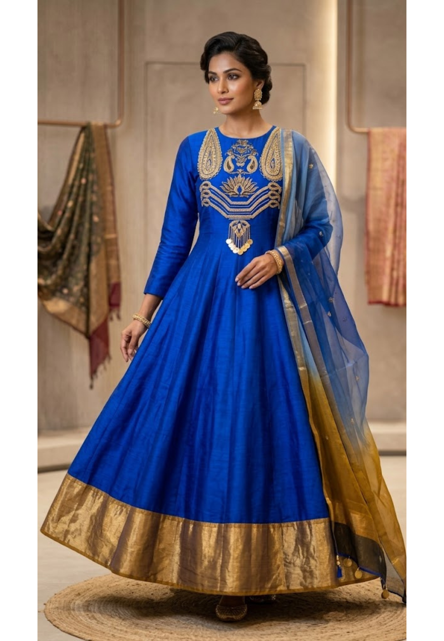 Royal Blue Aura Zari Embellished Anarkali Full Suit Set With Dupatta In Silk Fabric & Slight Banarasi Touch- 11085