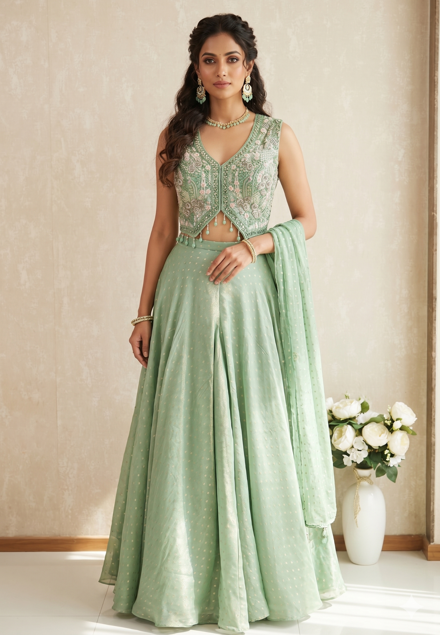 Designer Pastel Green Banarasi Silk Palazzo Set with Intricately Embellished Crop Top and Fully Hand worked Chokar DupattaDRYWASH
