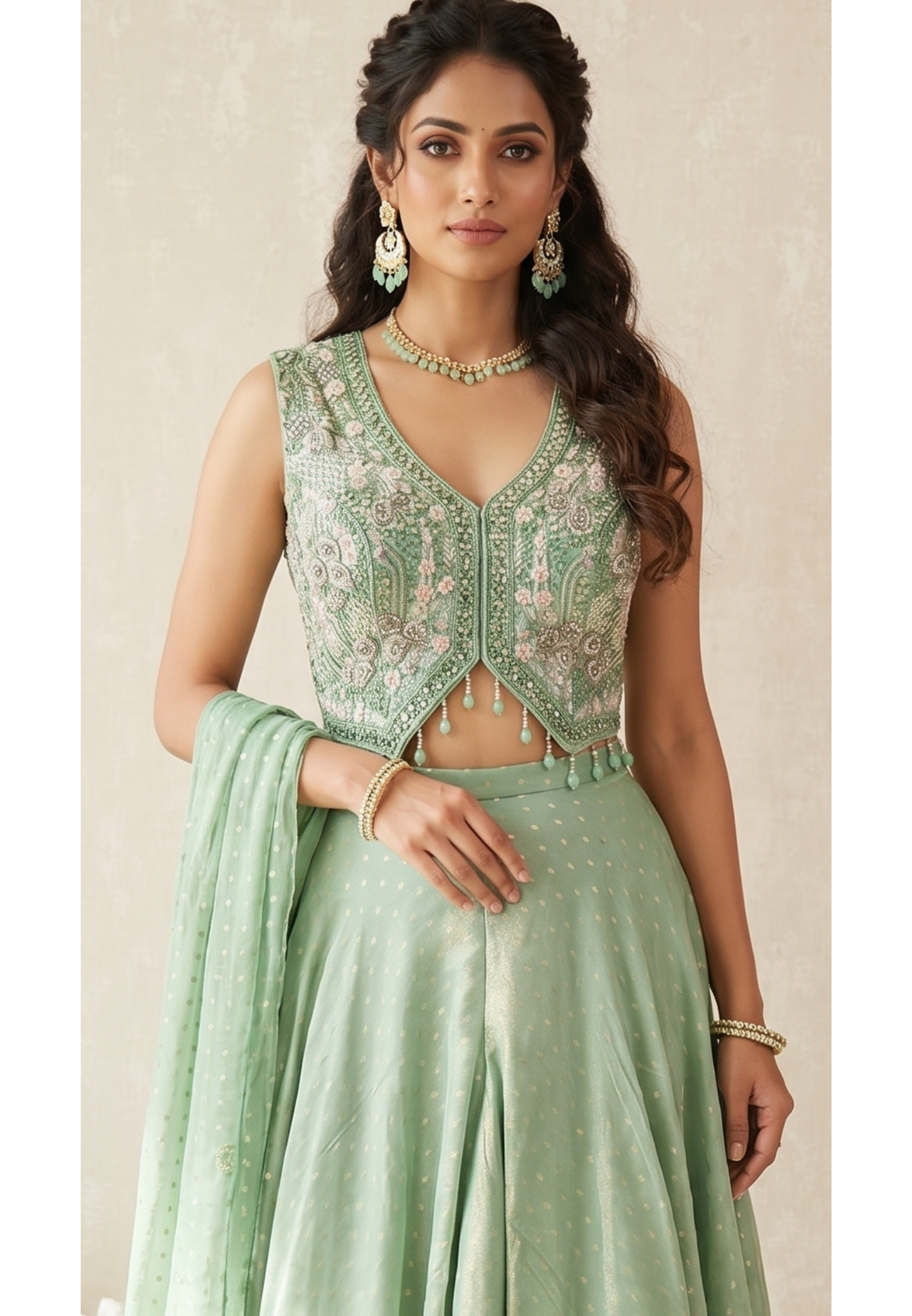 Designer Pastel Green Banarasi Silk Palazzo Set with Intricately Embellished Crop Top and Fully Hand worked Chokar DupattaDRYWASH