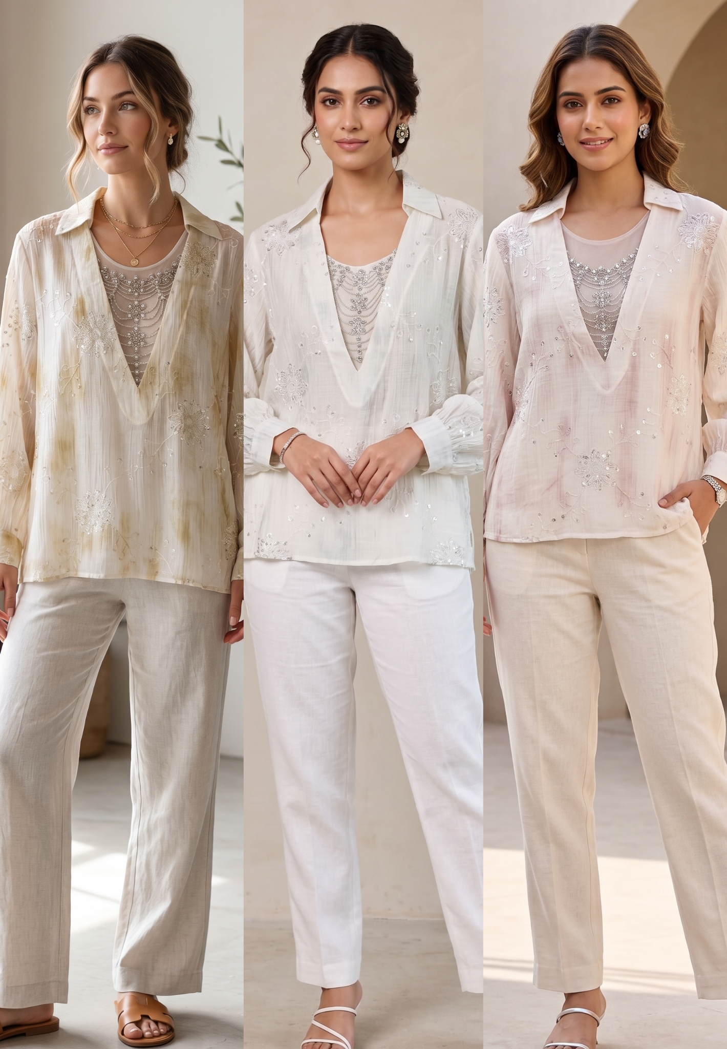 Pastel Embroidered Shirt with Netted Sparkle Stone Work Over Neck