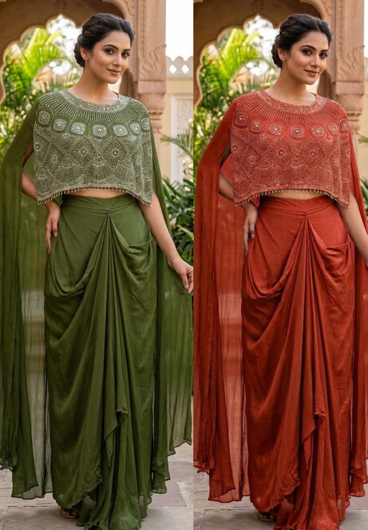 Olive & Crimson Drape Elegance Embroidered Cape Set With Flowy Skirt- 11366