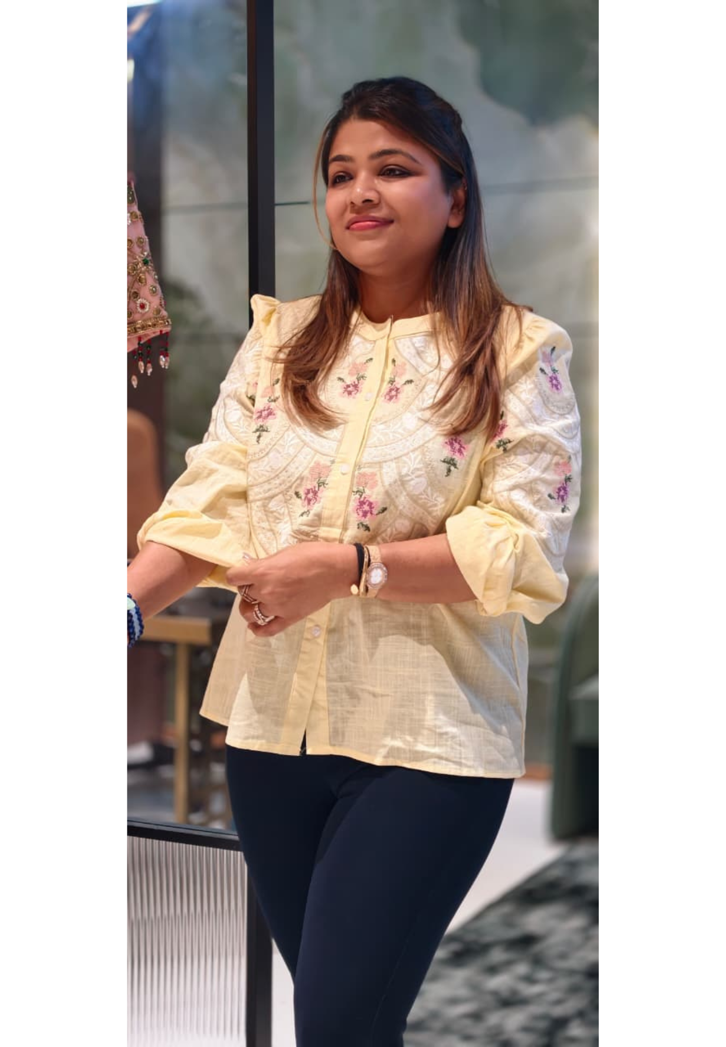 Floral Gardenia Embroidered Front Design Beautiful Imported Top- 15154