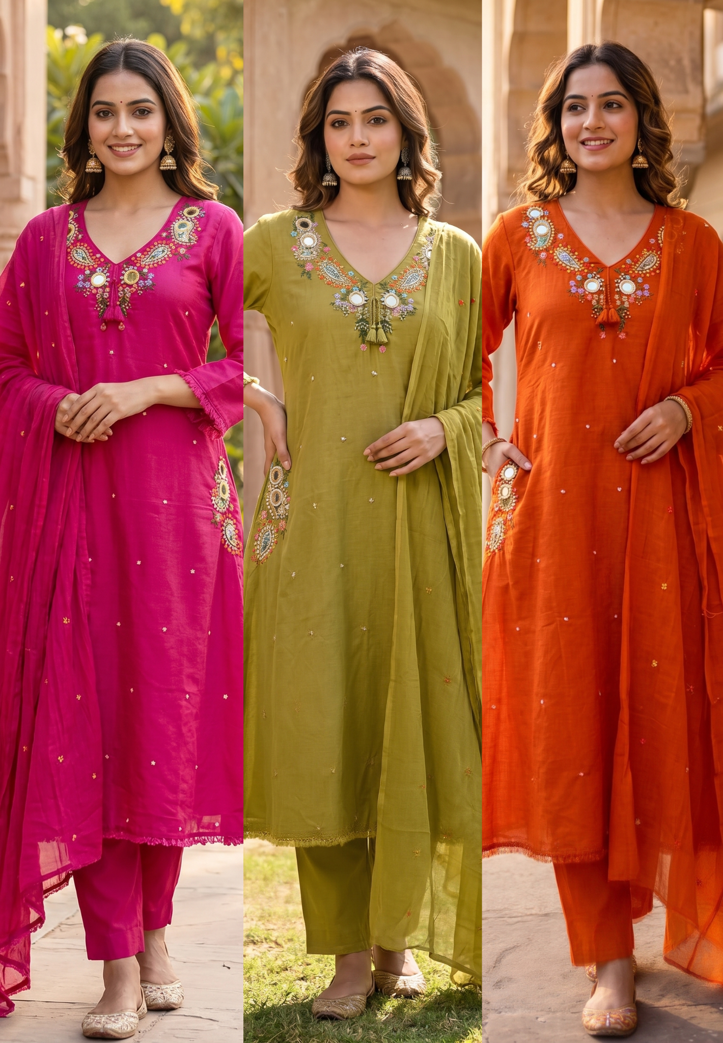 Stylish Mul Cotton A-Line Full Suit Set with Beautiful Mirror Embroidery and Both Side Pockets- 15167