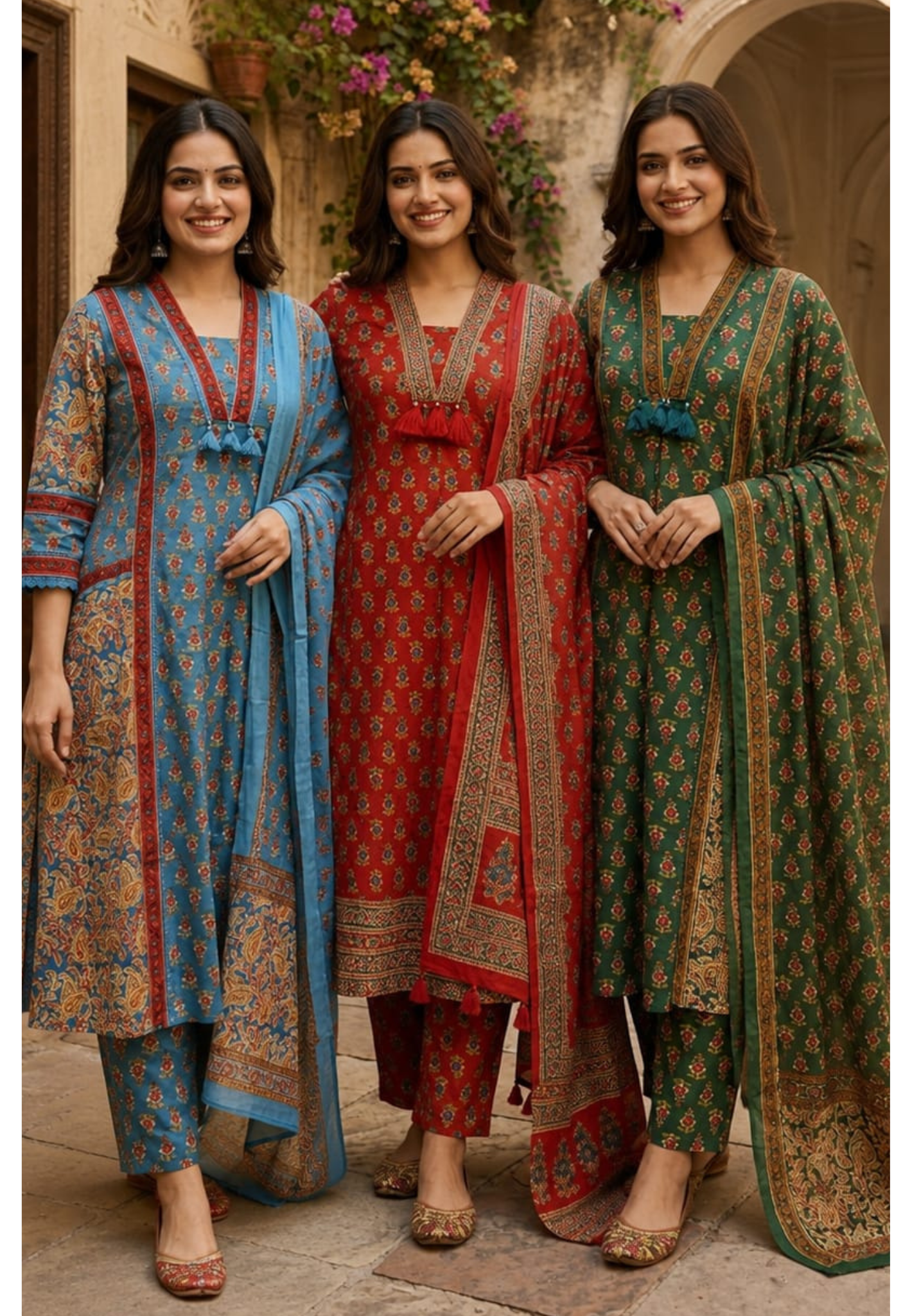 Royal Classic Mughal Floral Block Printed A-Line Cotton Full Suit Set With Dupatta