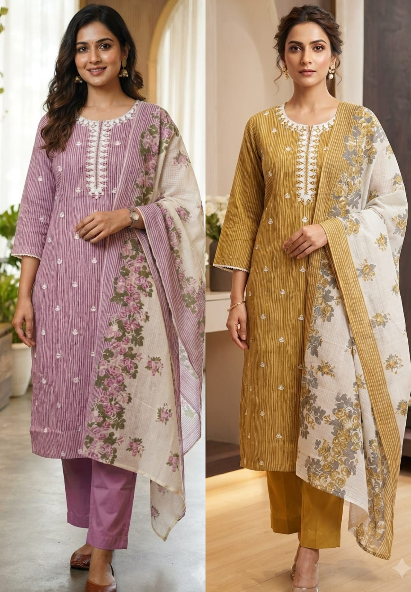 Timeless Striped Cotton Full Suit with Matching Plain Bottom and Floral Dupatta Set- 15170