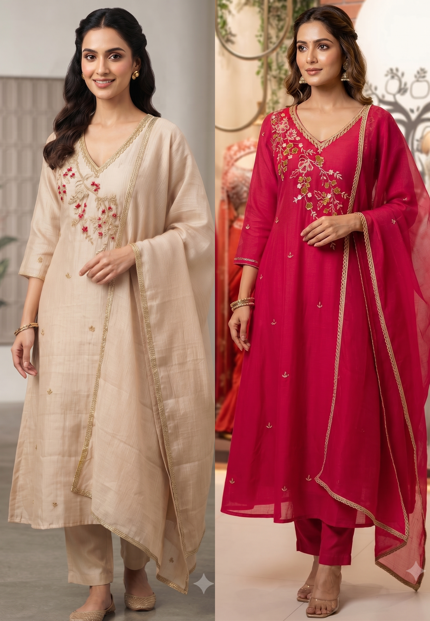 Elegant Zardosi Cut-Dana Embroidery Work A-Line Surat Mul-Chanderi Full Suit Set With Dupatta- 15297